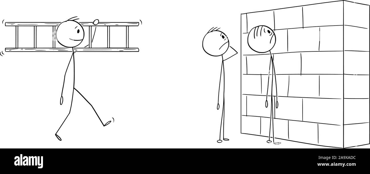 Vector cartoon stick figure dessin illustration conceptuelle de deux hommes sans défense ou confus ou hommes d'obstacle, mur regarder sur leur chemin. Creative homme porte échelle. Illustration de Vecteur
