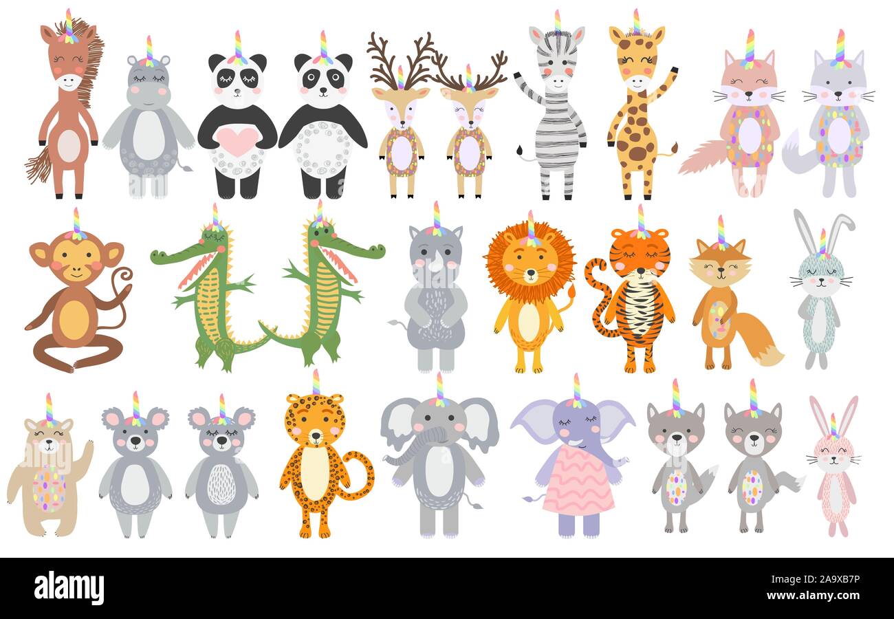 Grand jeu de cute funny animals avec cornes de licorne, design plat de style scandinave. Concept pour enfants imprimer. Illustration de Vecteur