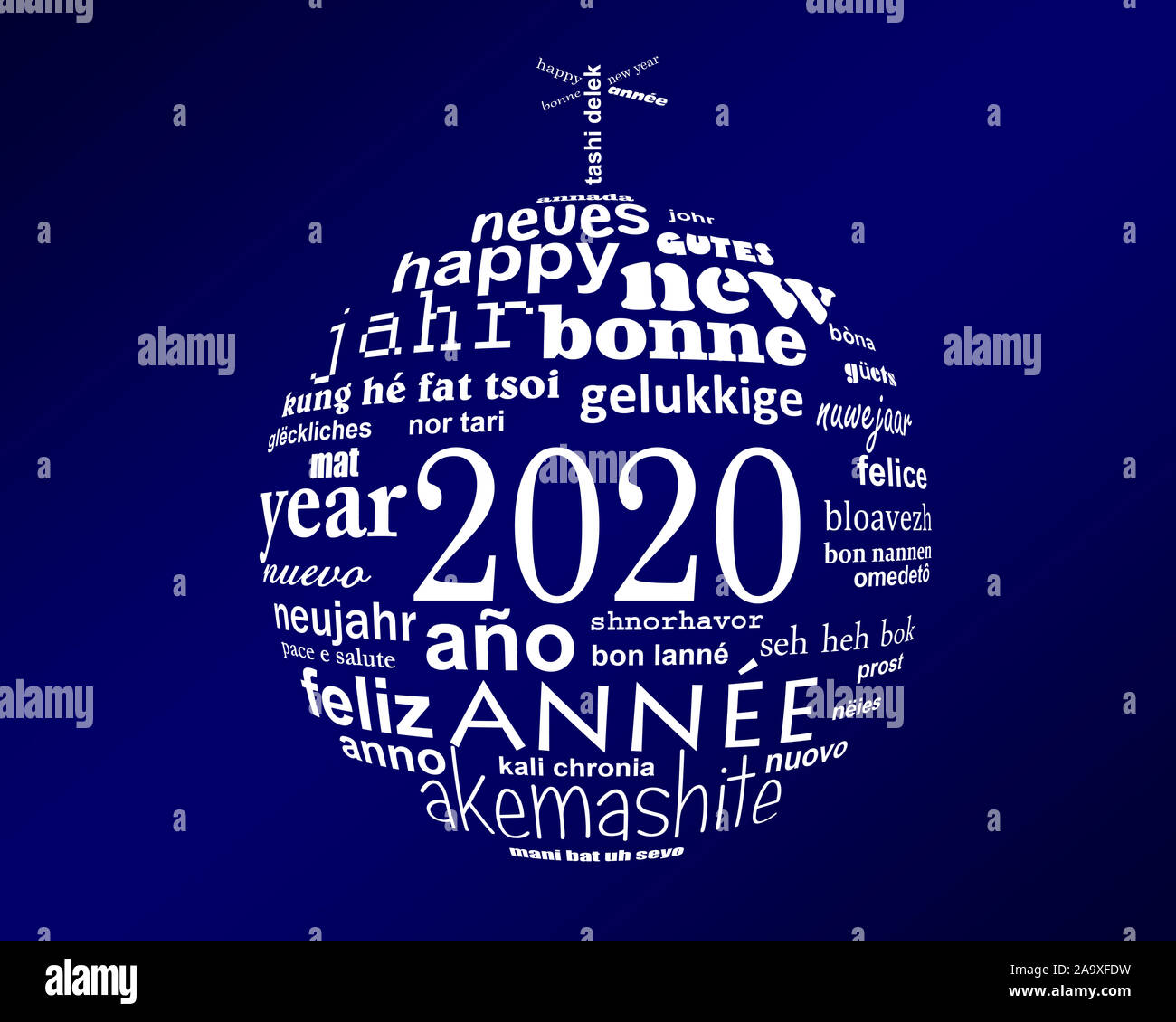 Nouvelle année 2020 bleu et blanc nuage de mots de texte multilingue carte de vœux en forme de boule de noël Banque D'Images