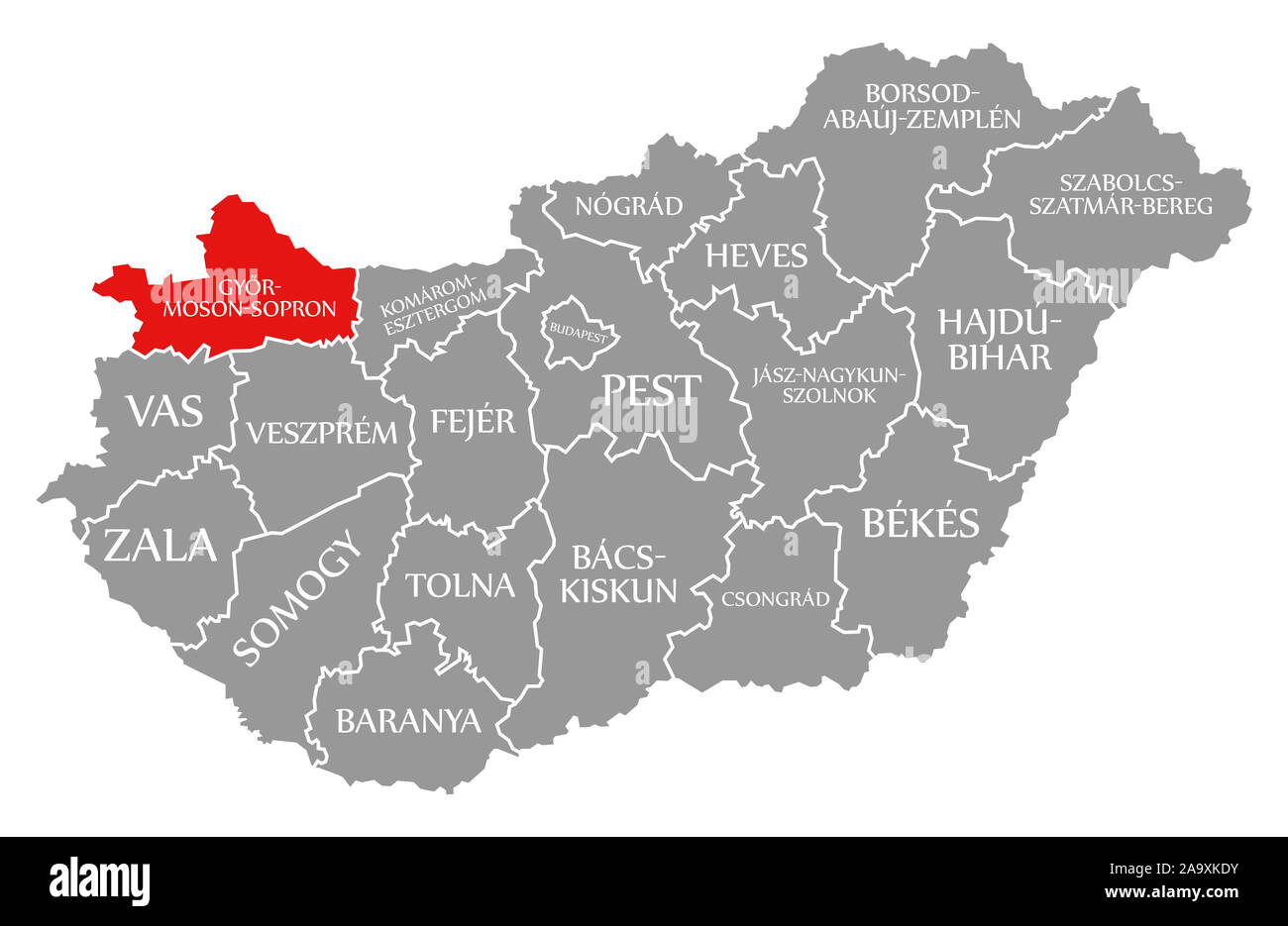 Gyor-Moson-Sopron en surbrillance rouge dans la carte de la Hongrie Banque D'Images