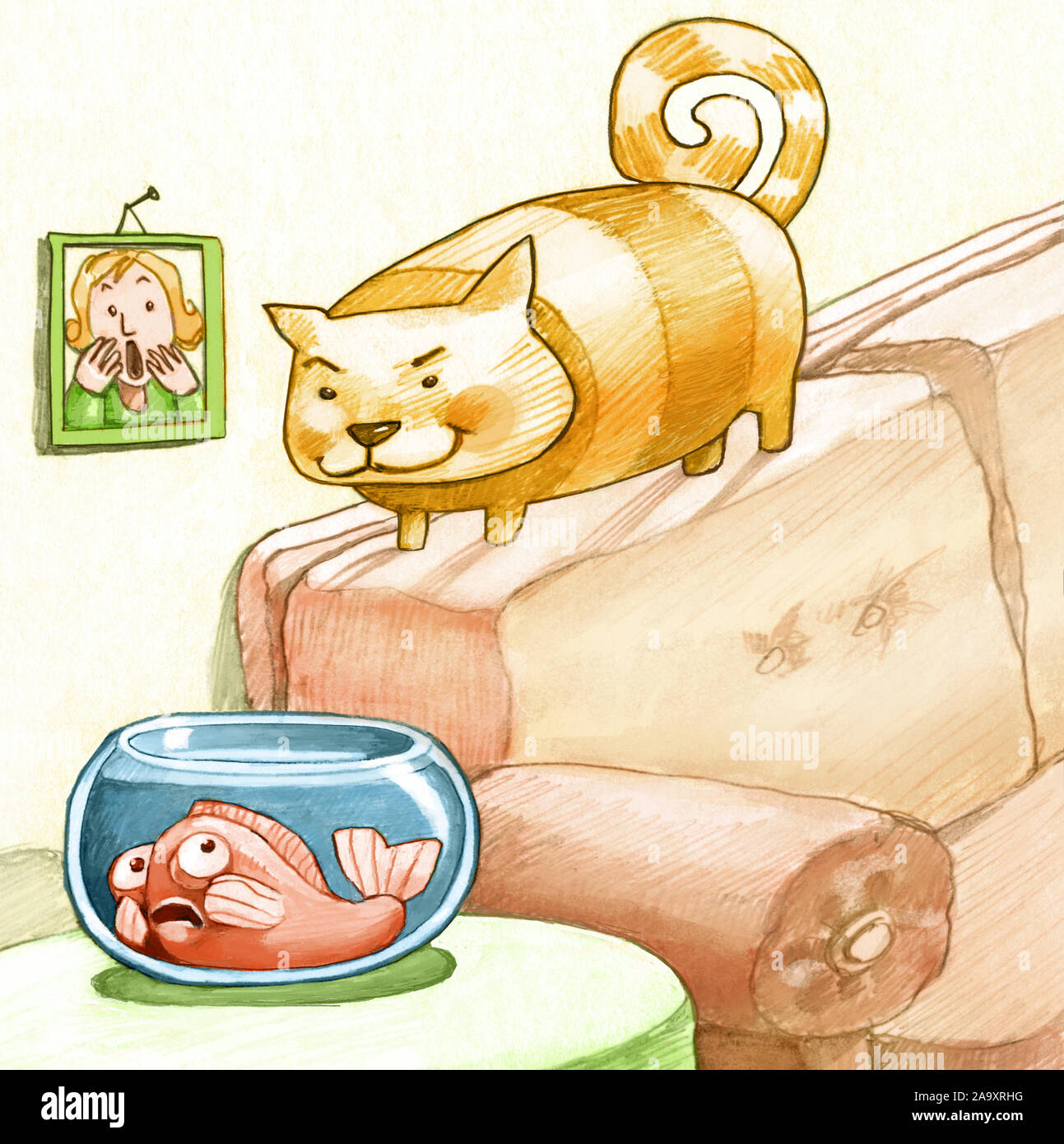 Drôle, espiègle chat sur le dos du canapé regarde une très peur poissons rouges dans le bol en verre crayon dessiner humoristique Banque D'Images