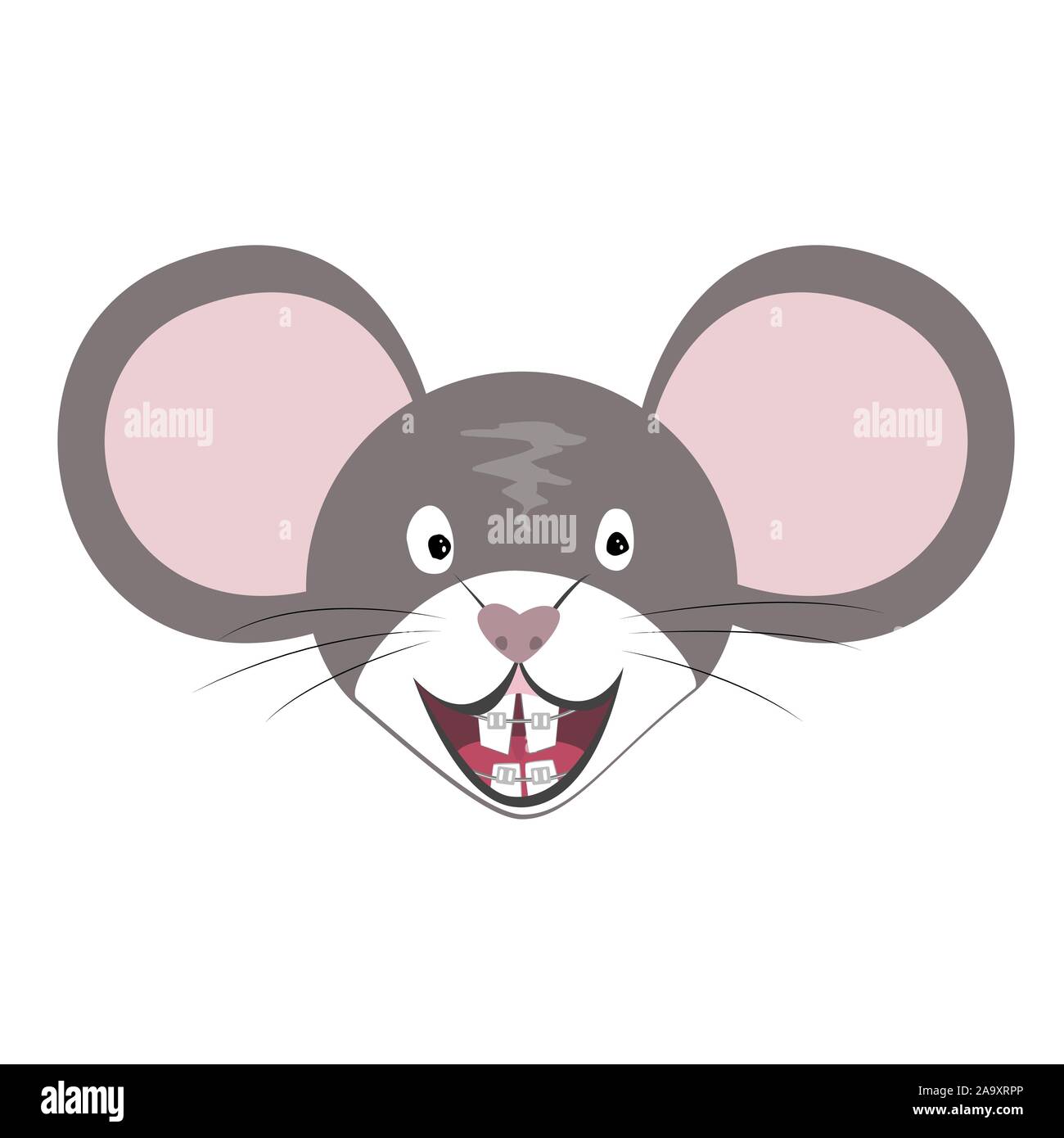 Souris vecteur animal, le symbole Chinois de zodiaque. Dessin animé télévision tête de rat avec des accolades, des dents isolées face gris souris. Année symbole pour les cliniques dentaires Illustration de Vecteur