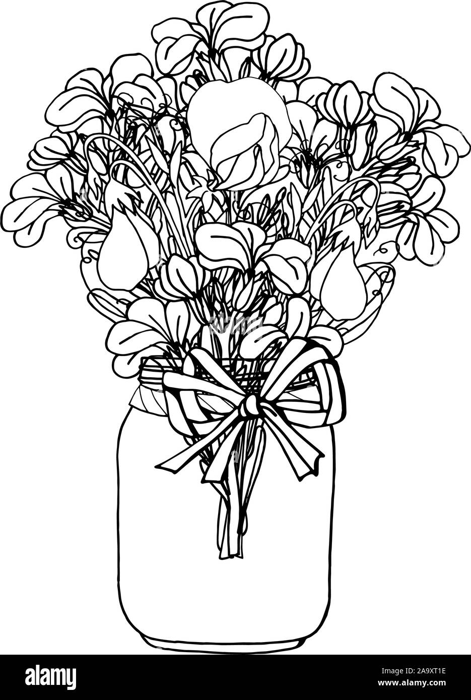 Hand drawn doodle rustique de style noir et blanc bouquet de fleurs et pois de stock. Décoration de mariage Boho. Isolé sur fond blanc Illustration de Vecteur