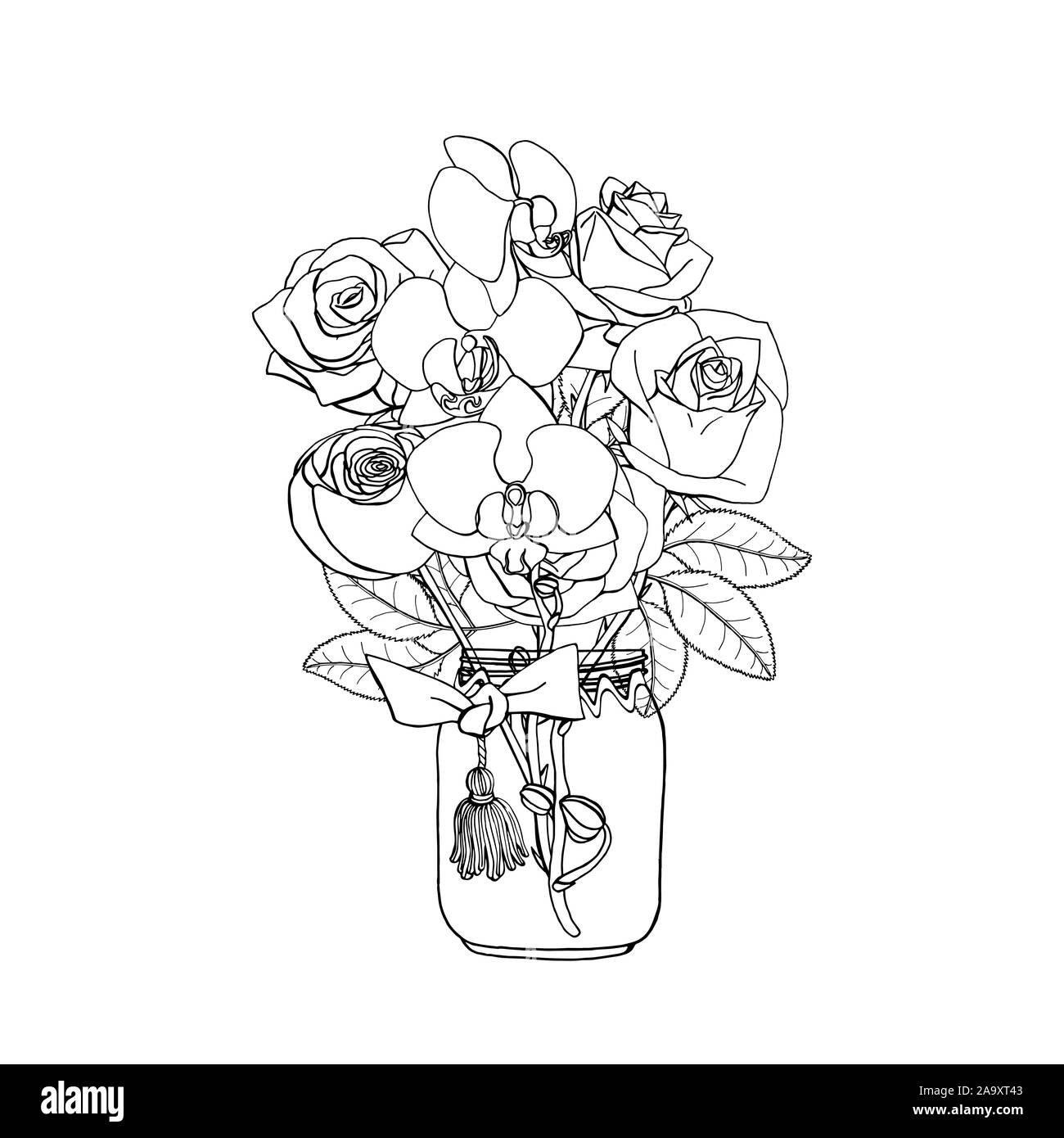 Hand drawn doodle style bouquet de roses en noir et blanc et d'orchidées. Isolé sur fond blanc. Illustration vectorielle Stock monochrome Illustration de Vecteur