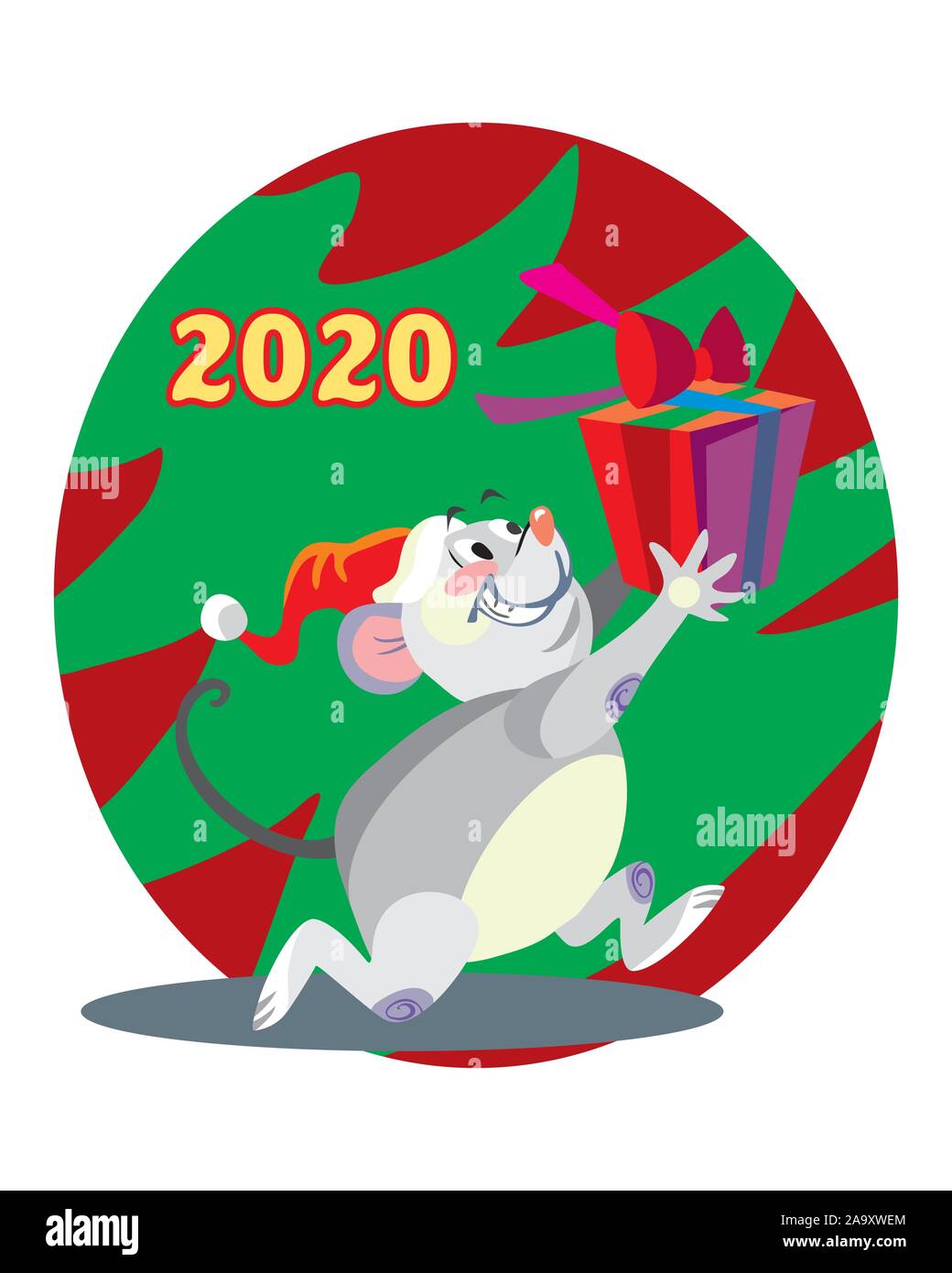 Vector illustration of cute souris fonctionnant avec des caractères présents sur arrière-plan avec arbre de Noël. Cartoon Vector illustration stock.vacances d'hiver, Illustration de Vecteur