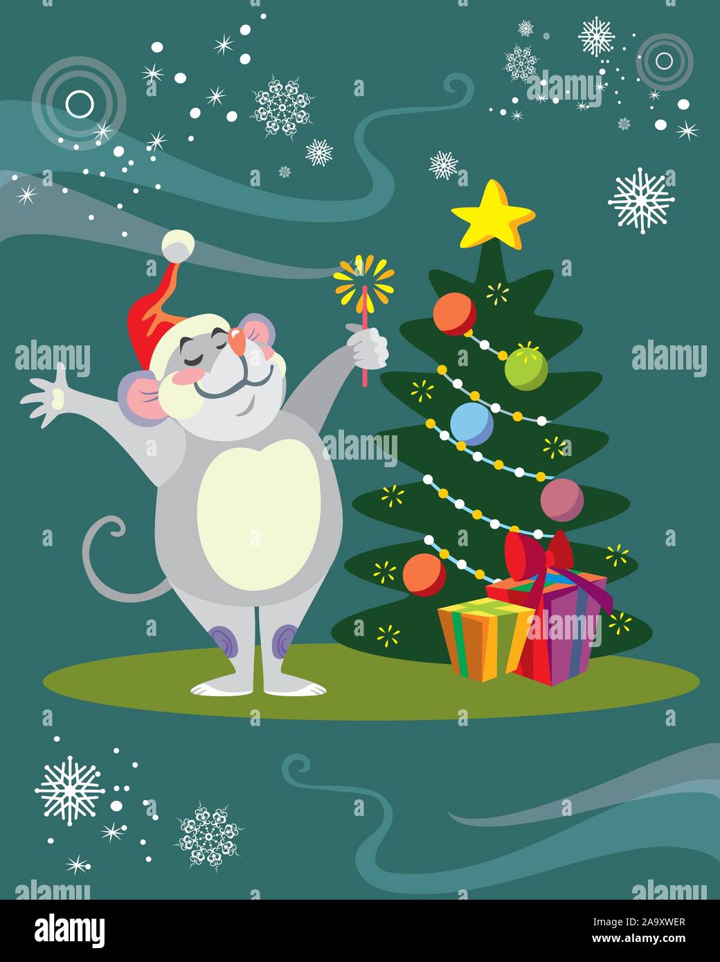 Vector illustration of cute heureux caractère de la souris à proximité d'arbre de Noël. Cartoon Vector illustration stock.vacances d'hiver, la veille de Noël concep Illustration de Vecteur