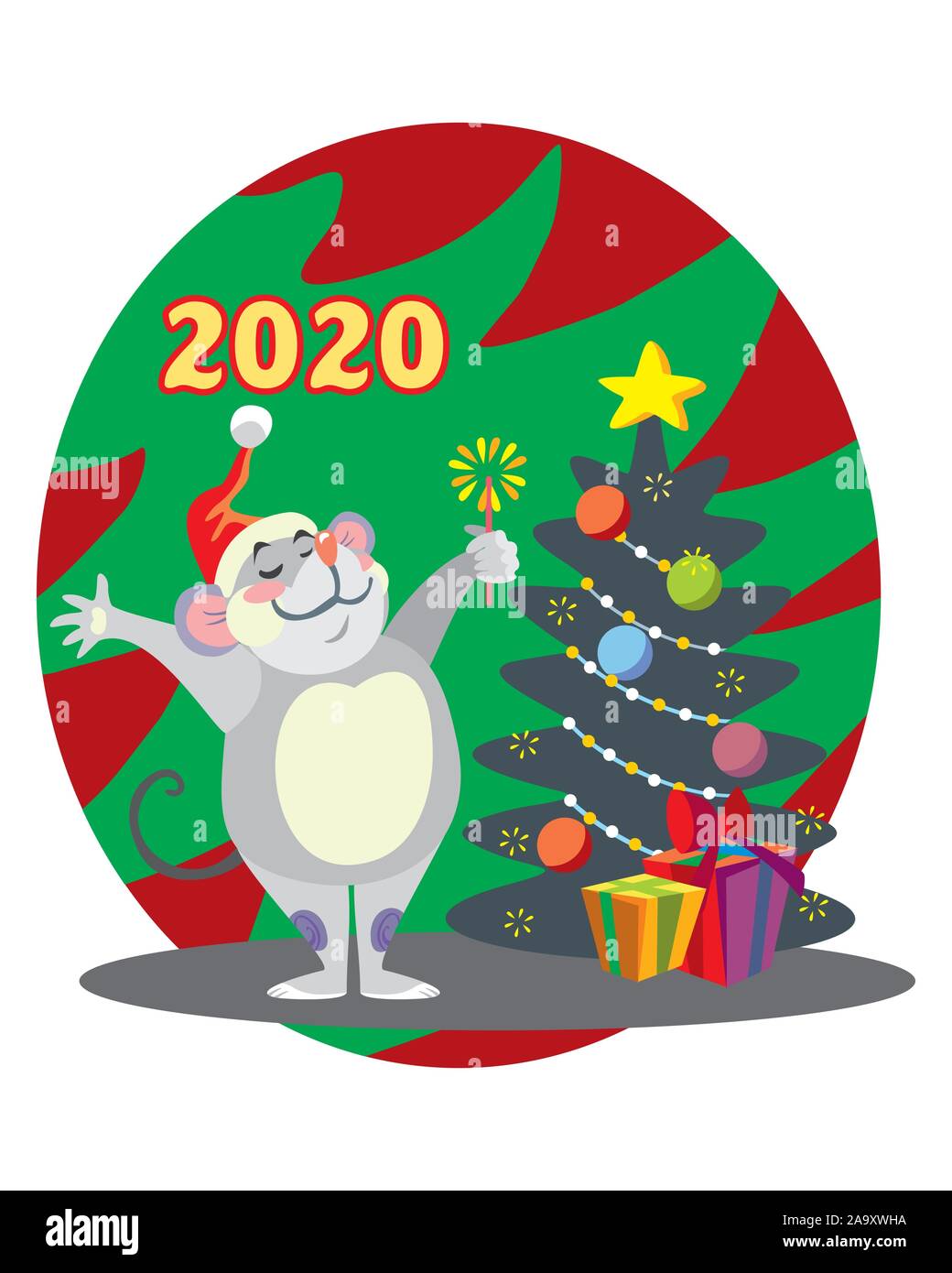 Vector illustration of cute heureux caractère souris avec arbre de Noël. Cartoon Vector illustration stock.vacances d'hiver, la veille de Noël concept. Pour pr Illustration de Vecteur