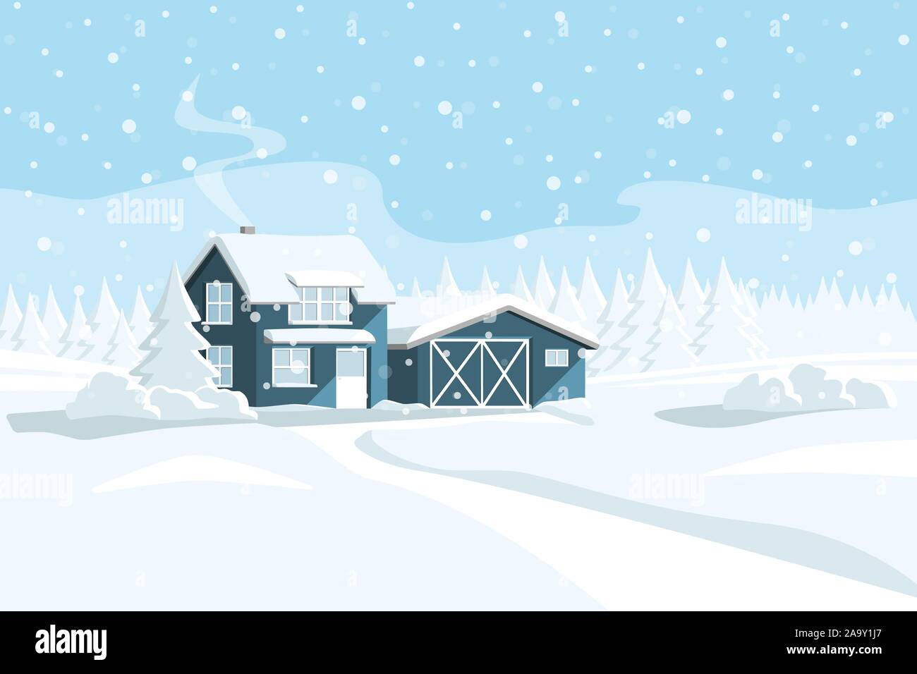 Maison en bois dans une forêt enneigée. Winter Wonderland. Modèle de page de scénario. Illustration de Vecteur