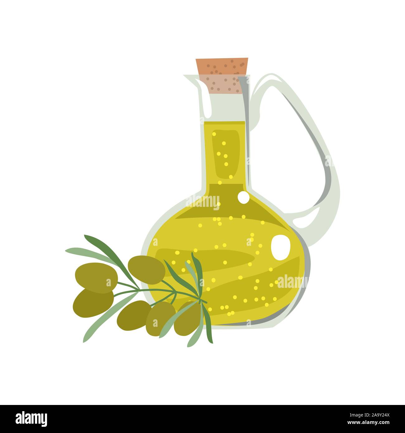 Bouteille de verre isolé avec de l'huile d'olive et une branche avec des fruits et feuilles d'olivier. Vector illustration télévision sur fond blanc Illustration de Vecteur