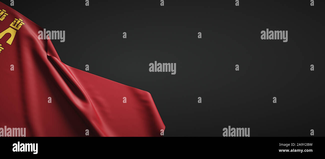 Drapeau de la région de Murcie fait de tissu sur un fond sombre Banque D'Images