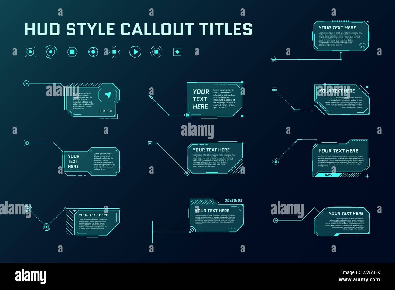 Titres de légende de style futuriste HUD. Barres de flèches d'appel d'informations et modèles de mise en page de cadre d'information numérique modernes. Interface utilisateur et ensemble d'éléments de l'interface utilisateur graphique. Illustration vectorielle Illustration de Vecteur