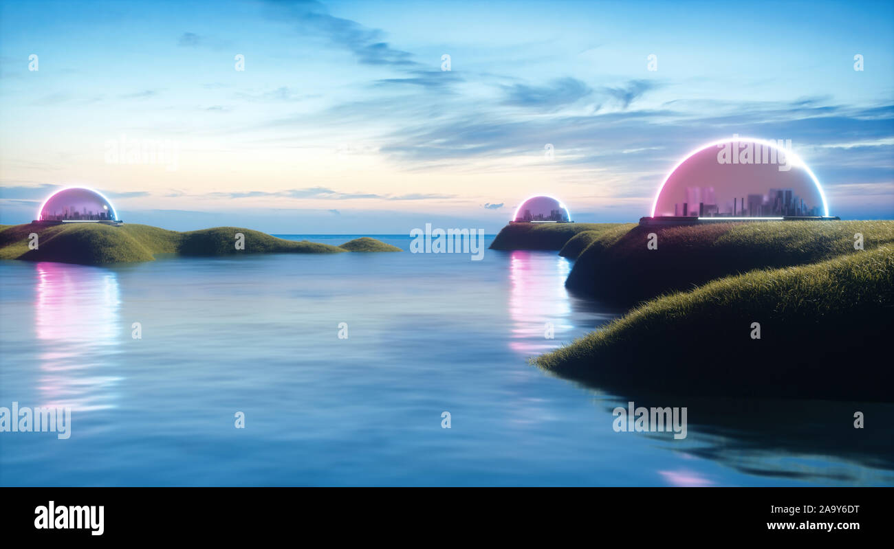 Illustration de l'abrégé, villes futuristes encapsulé sur terre ou sur nouvelle planète habitable avec la vie et l'eau, sur l'île, l'isolement de la pollut Banque D'Images