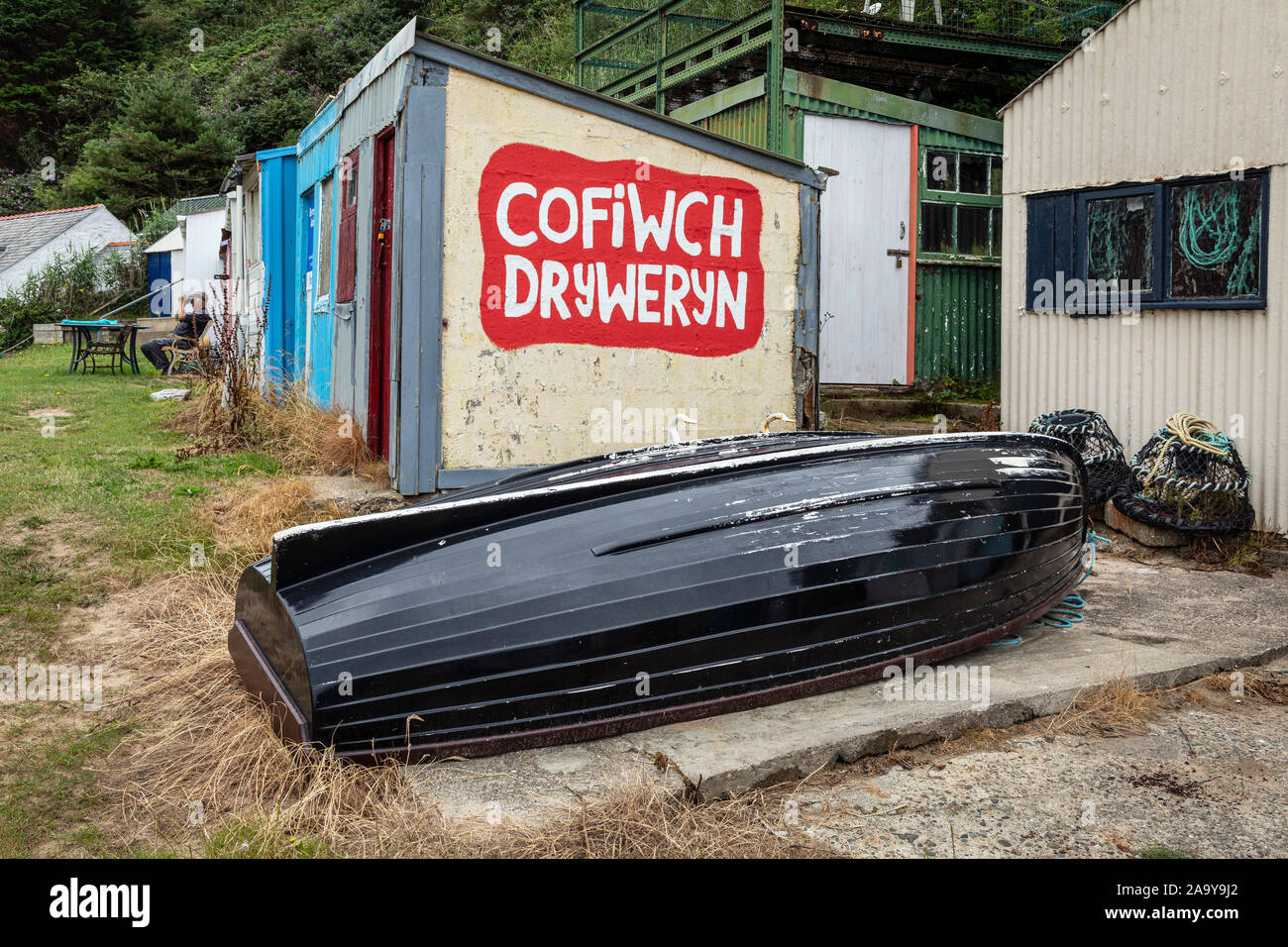 Cofiwch Dryweryn slogan nationaliste gallois (rappelez-vous Tryweryn) peints sur le hangar à la péninsule de Llŷn, Nefyn, Gwynedd, Pays de Galles Banque D'Images