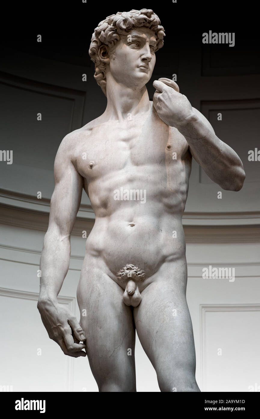 Florence, Italie - 2019, 10 novembre : l'original David statue en marbre de Michel-Ange, chef-d'œuvre, à la galerie de l'Académie. La sélection du chemin (inclus) Banque D'Images