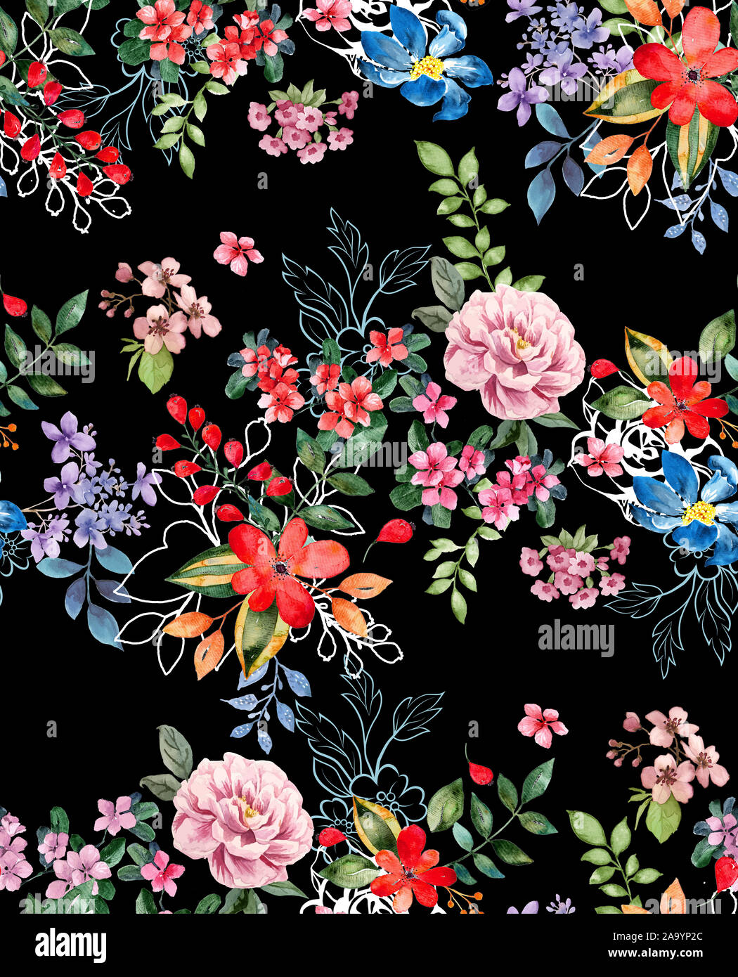 L'aquarelle transparente floral design avec fond noir pour des impressions textiles. Floral background moderne. Banque D'Images