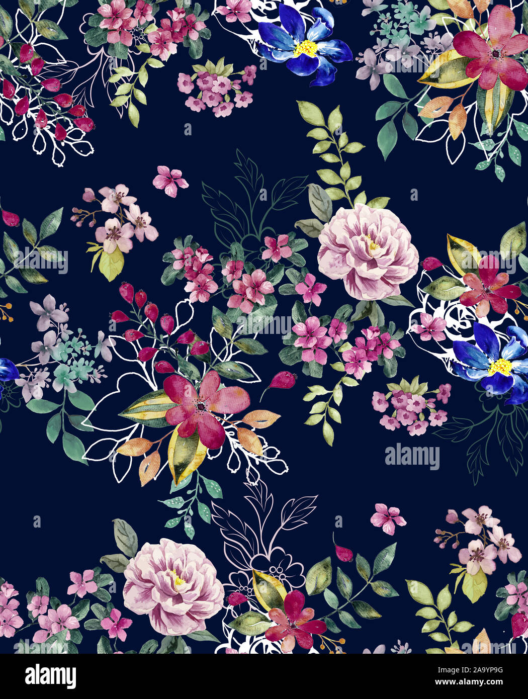 L'aquarelle transparente floral design avec fond bleu foncé pour les impressions textiles. Floral background moderne. Banque D'Images