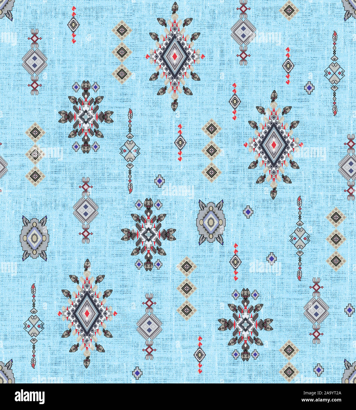 La conception ethnique de couleur transparente sur fond bleu clair pour les impressions textiles. Banque D'Images