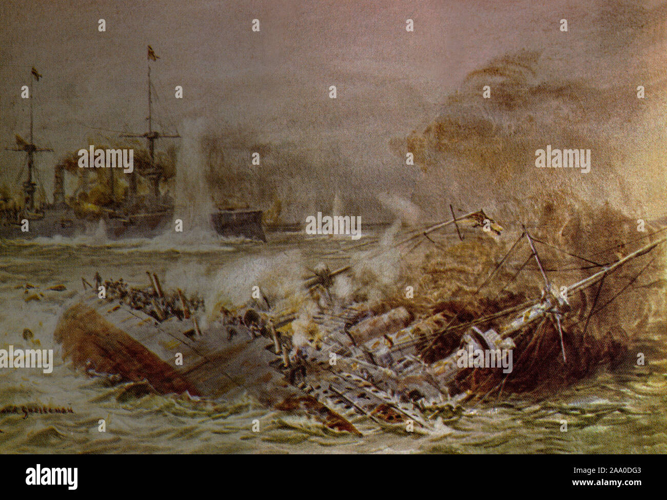 Un tableau de William Lionel Wyllie montrant la fin de l'arme blindée Scharnhorst cruiser de la Kaiserliche Marine (Marine impériale). Il a été sabordé et coulé en action, alors que son navire jumeau le tandis que le Gneisenau continue à se battre. Bataille des îles Falkland, 8 décembre 1914. Banque D'Images