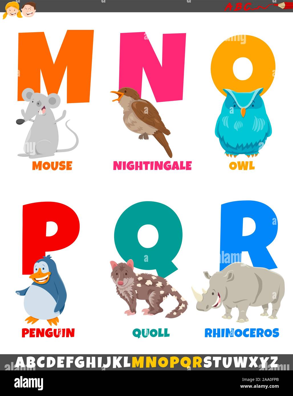 Cartoon Illustration de l'alphabet coloré à partir de la lettre M à R avec drôle caractères Animaux Illustration de Vecteur