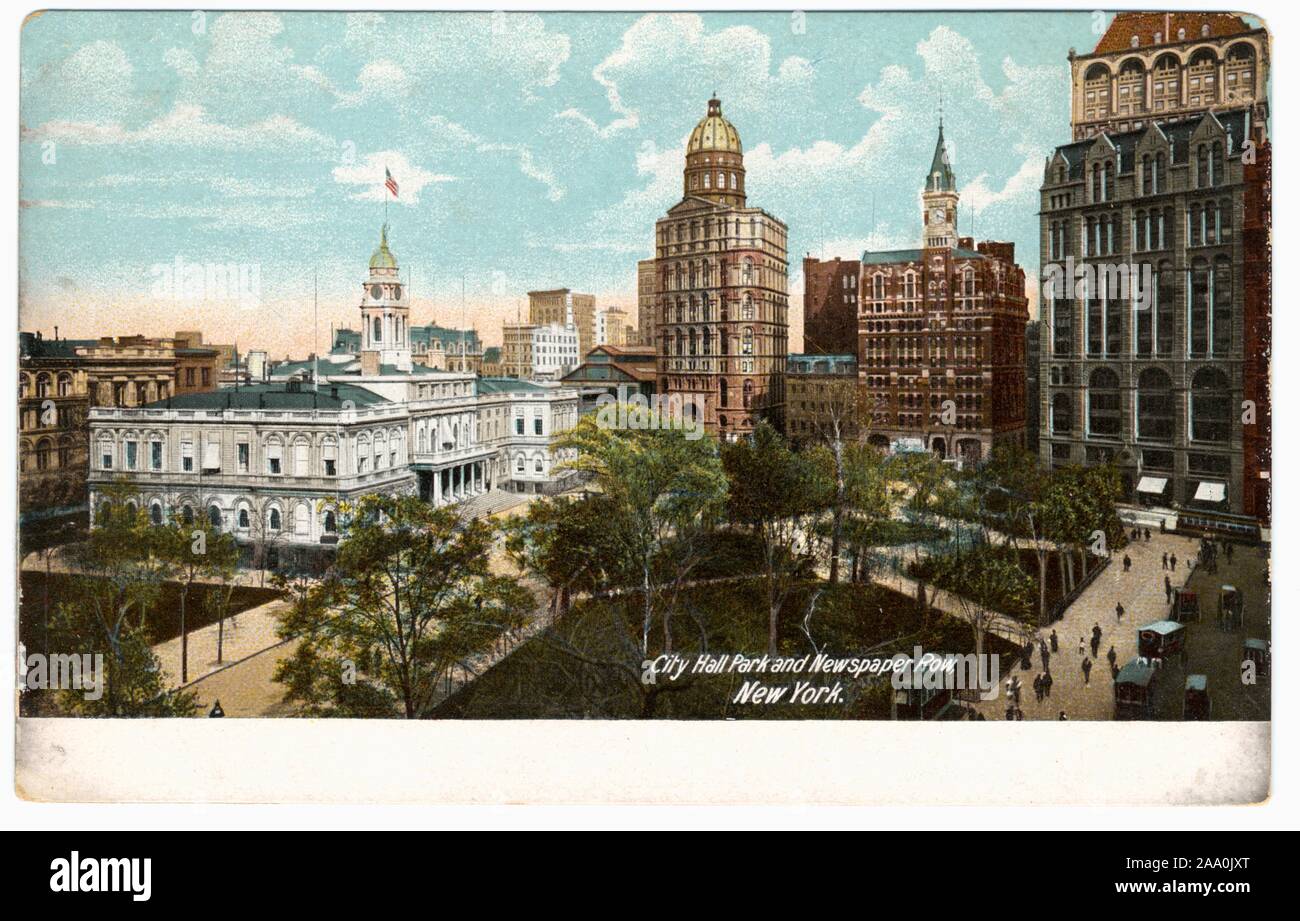 Carte postale illustrée du City Hall Park et ligne de journal, New York, publié par H. C, 1904. Leighton Co. de la New York Public Library. () Banque D'Images
