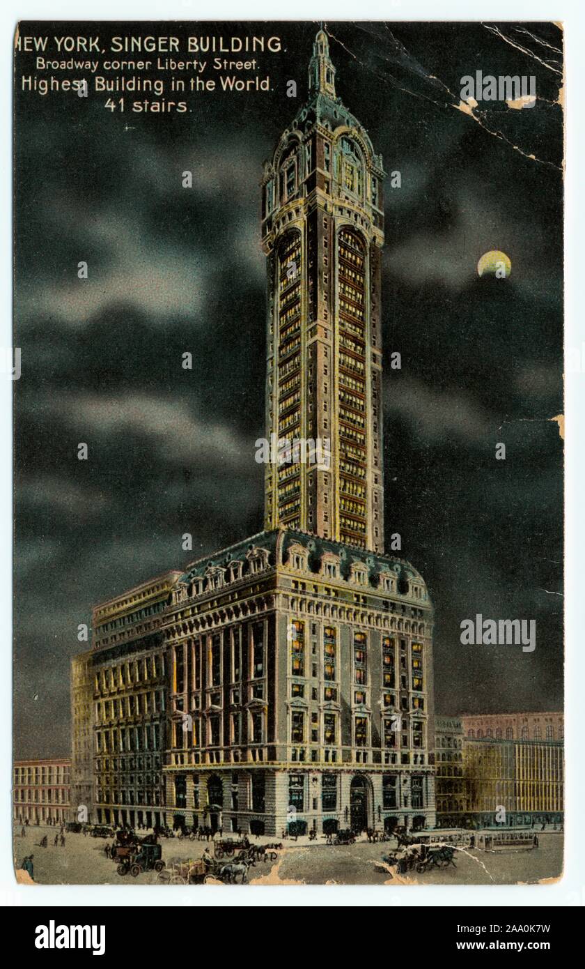 Carte postale illustrée de la Singer Building at night, à l'angle de Broadway et de Liberty Street, New York City, publié par Theodor Eismann, 1908. À partir de la Bibliothèque publique de New York. () Banque D'Images