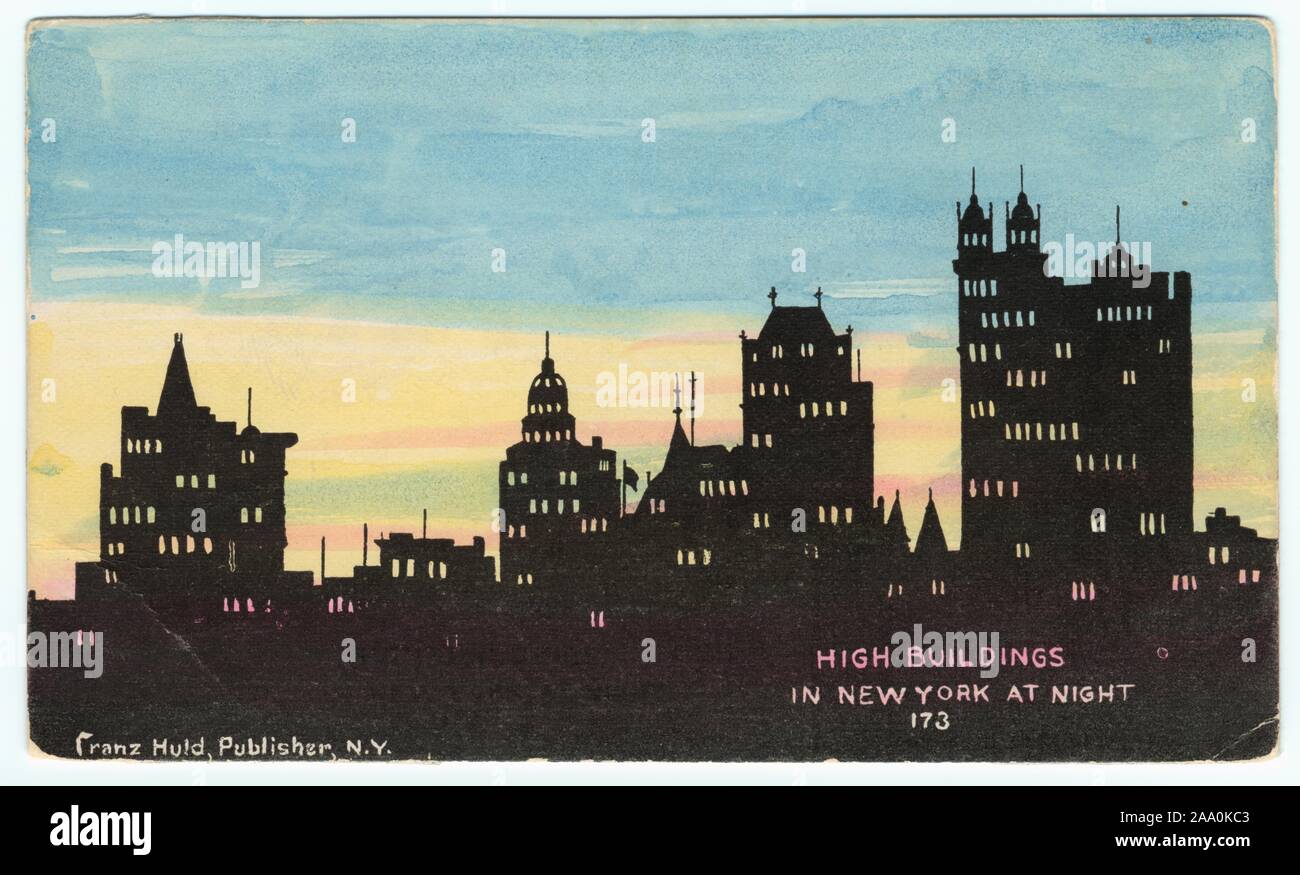 Carte postale illustrée d'immeubles de grande hauteur et le New York skyline at night, New York City, publié par Franz Huld, 1905. À partir de la Bibliothèque publique de New York. () Banque D'Images