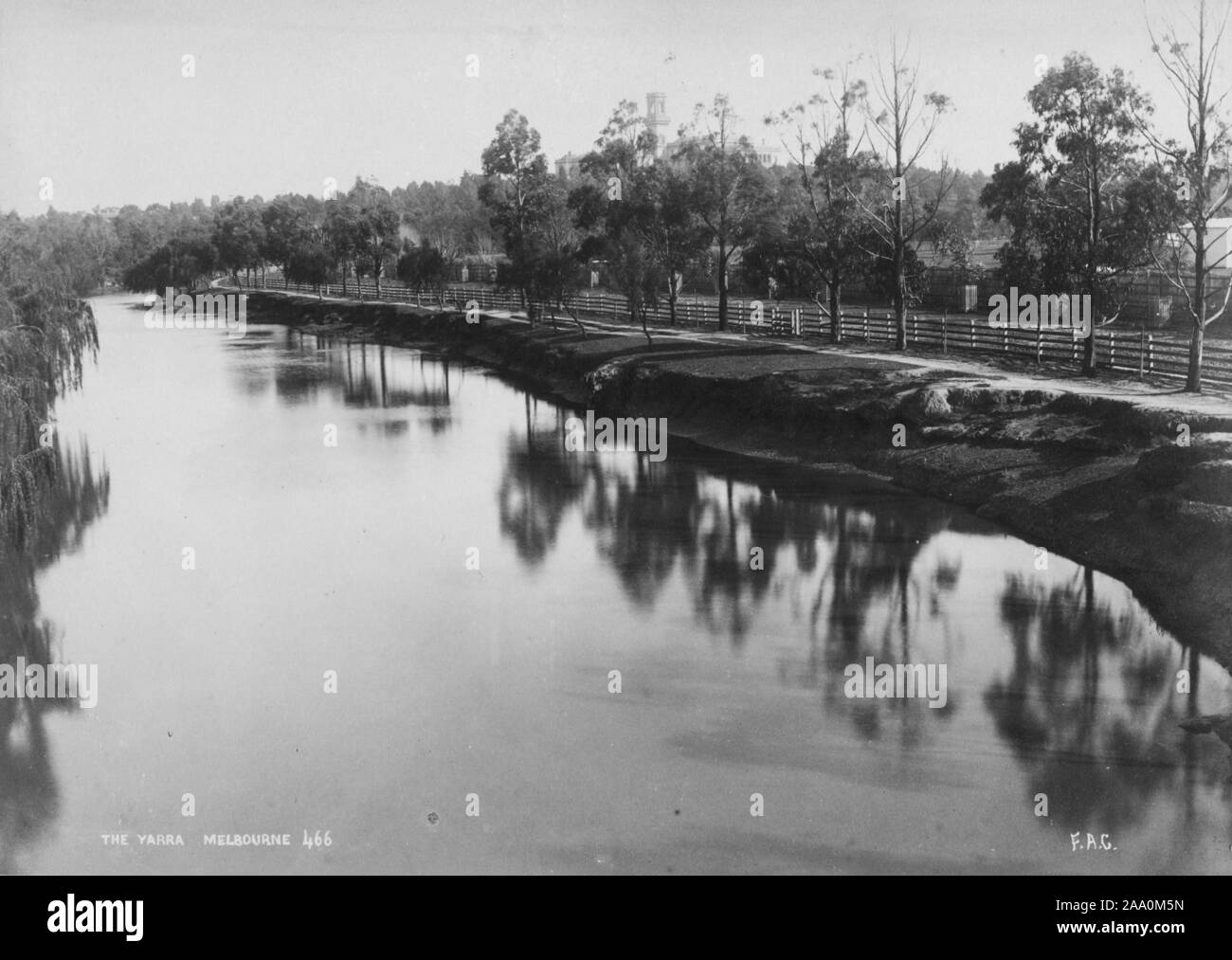 Photographie noir et blanc photographie de paysage les rives de la rivière Yarra, Melbourne, Australie, par le photographe Frank Coxhead, 1885. À partir de la Bibliothèque publique de New York. () Banque D'Images