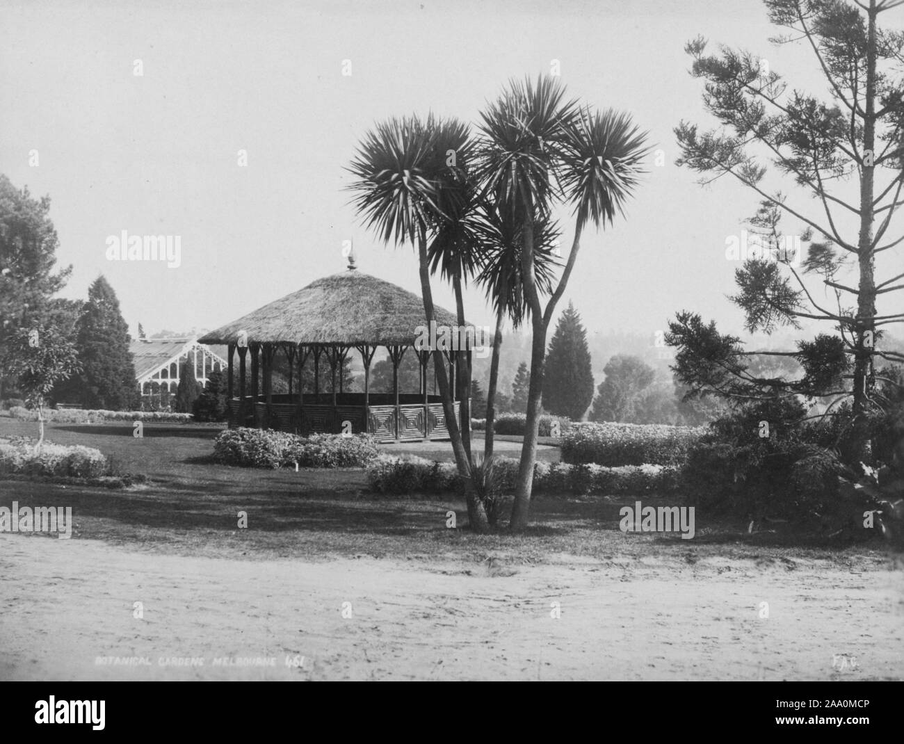 Paysage noir et blanc photographie d'un pavillon avec un toit de chaume et quelques palmiers au premier plan dans les Royal Botanic Gardens Victoria à Melbourne, en Australie, par le photographe Frank Coxhead, 1885. À partir de la Bibliothèque publique de New York. () Banque D'Images