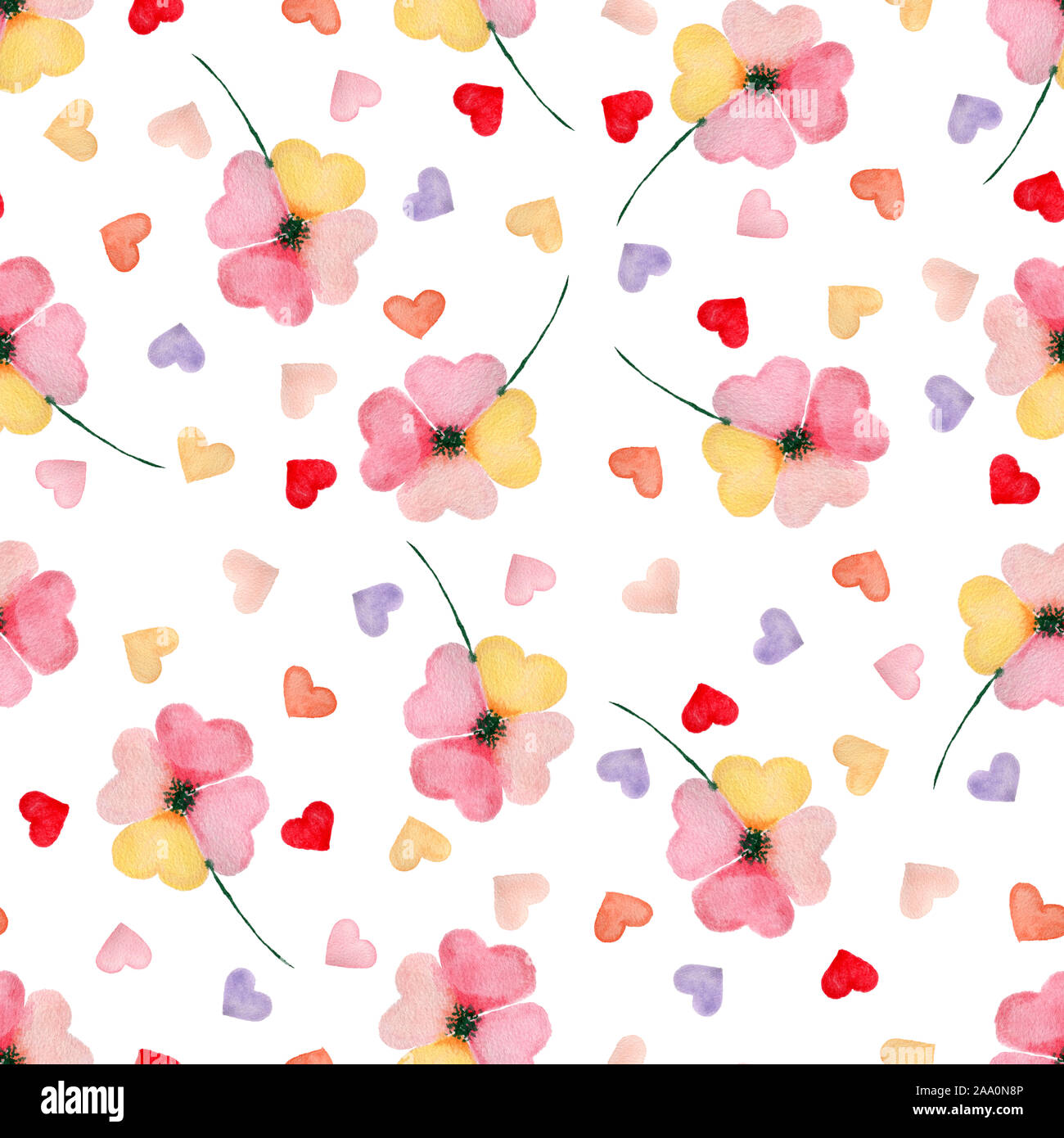 Fond transparent avec des coeurs, la saint valentin aquarelle avec motif coeurs colorés et clover Banque D'Images