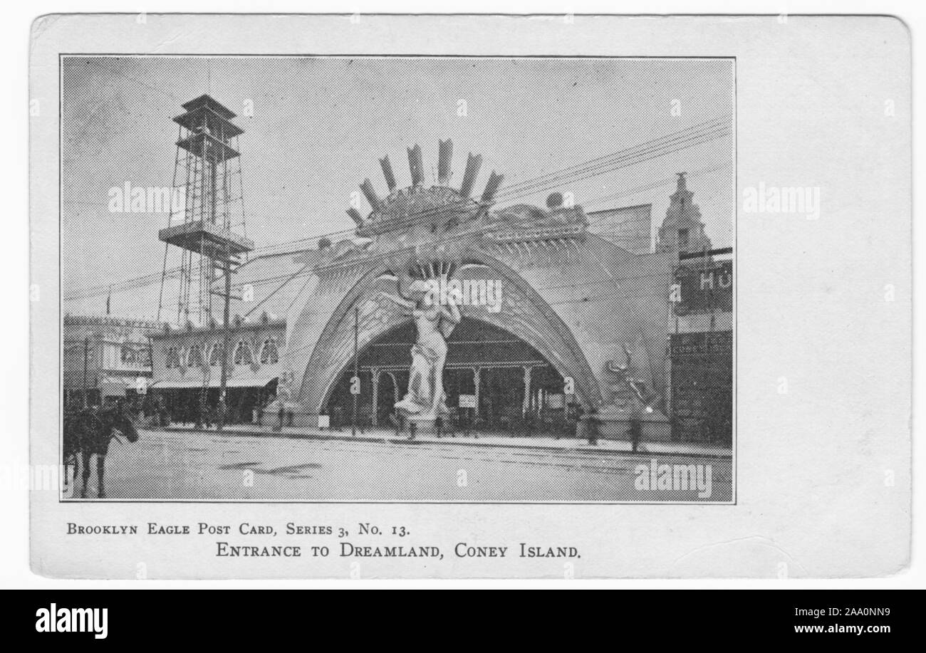 Carte postale gravée de l'entrée du parc d'attractions Dreamland sur Coney Island, New York City, publié par le Brooklyn Eagle Journal, 1905. À partir de la Bibliothèque publique de New York. () Banque D'Images