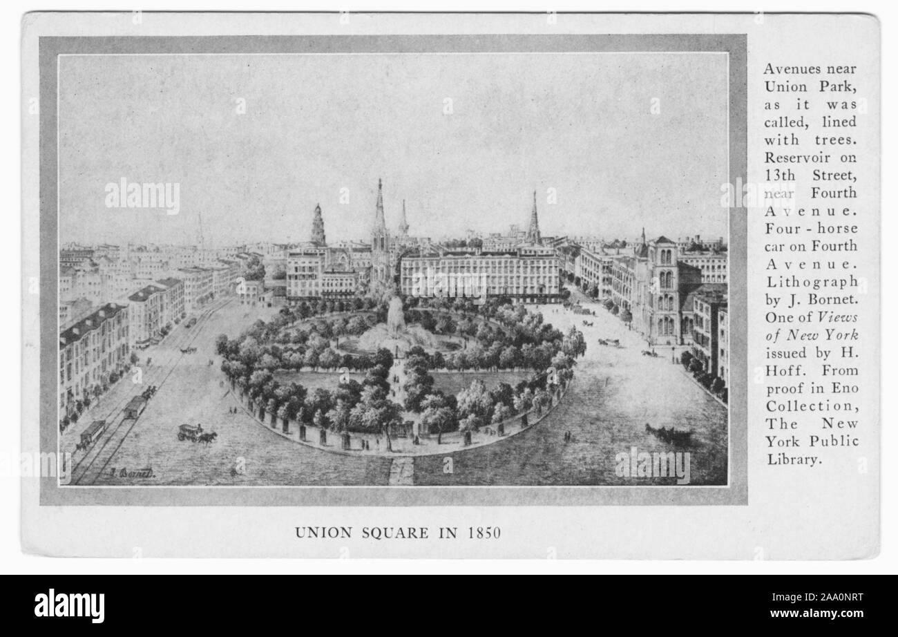 Carte postale gravé de Union Square en 1850, avec près de Union Park avenues bordées d'arbres, lithographie de J. Bornet, publié par la New York Public Library, 1933. À partir de la Bibliothèque publique de New York. () Banque D'Images