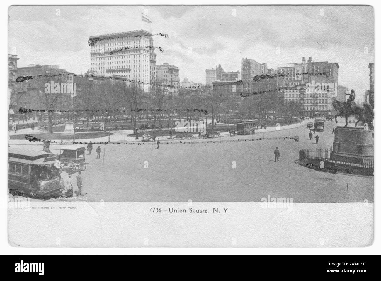 Carte postale gravée sur la ville vue sur Union Square avec une statue équestre du président américain George Washington à la droite, Manhattan, New York City, publié par carte postale Souvenir Co, 1905. À partir de la Bibliothèque publique de New York. () Banque D'Images