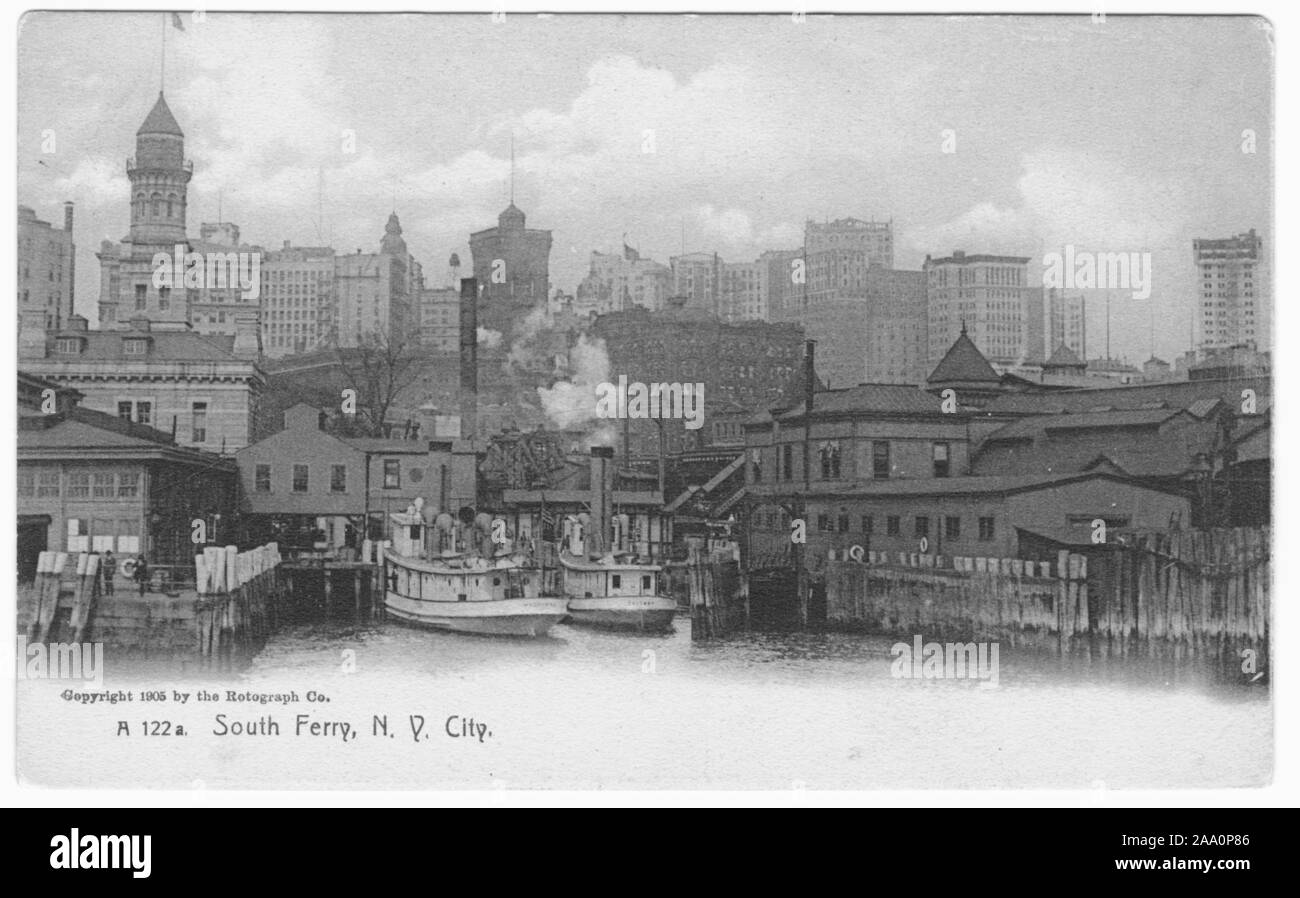 Carte postale gravée d'un paysage urbain vue derrière le sud du terminal ferry, Manhattan, New York City, publié par Rotograph Co, 1905. À partir de la Bibliothèque publique de New York. () Banque D'Images
