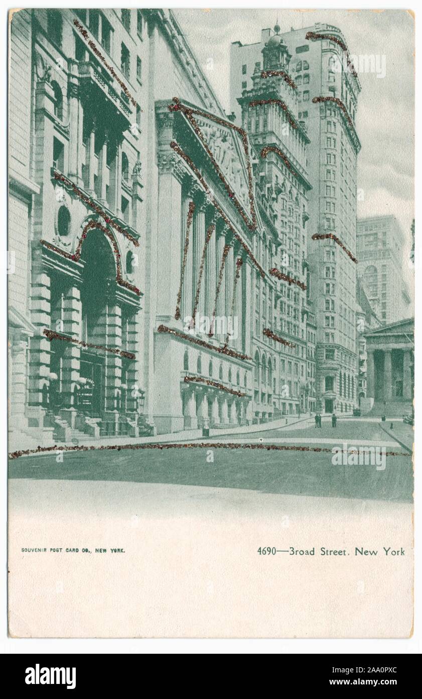 Carte postale gravée d'une vue latérale sur le New York Stock Exchange Building sur Broad Street, Manhattan, New York City, publié par carte postale Souvenir Co, 1907. À partir de la Bibliothèque publique de New York. () Banque D'Images