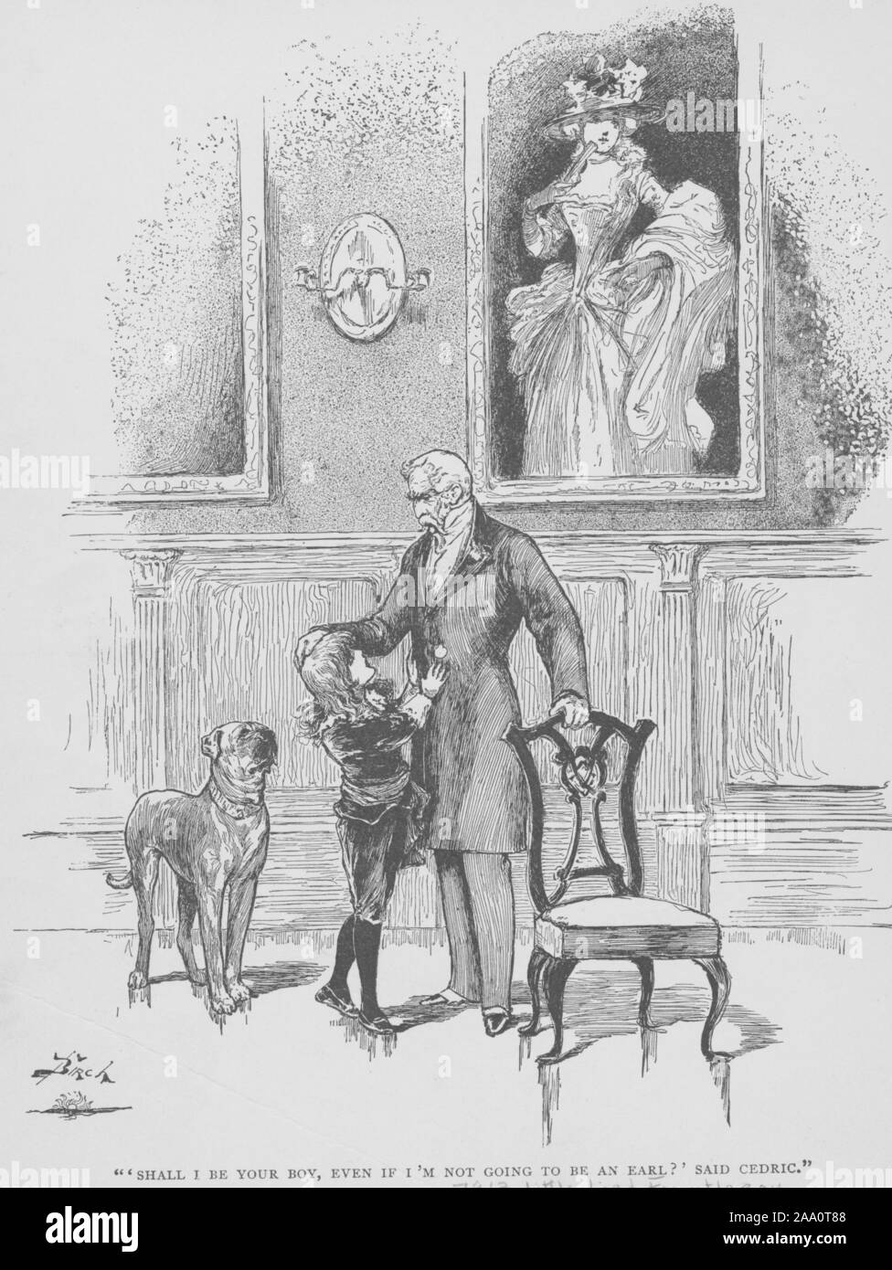 Illustration monochrome d'une scène du livre "Petit Lord Fauntleroy" par l'auteur Frances Hodgson Burnett, avec Cedric parler à l'Earl, illustré par Reginald Birch de Bathurst, a publié les fils de Charles Scribner, 1889. À partir de la Bibliothèque publique de New York. () Banque D'Images