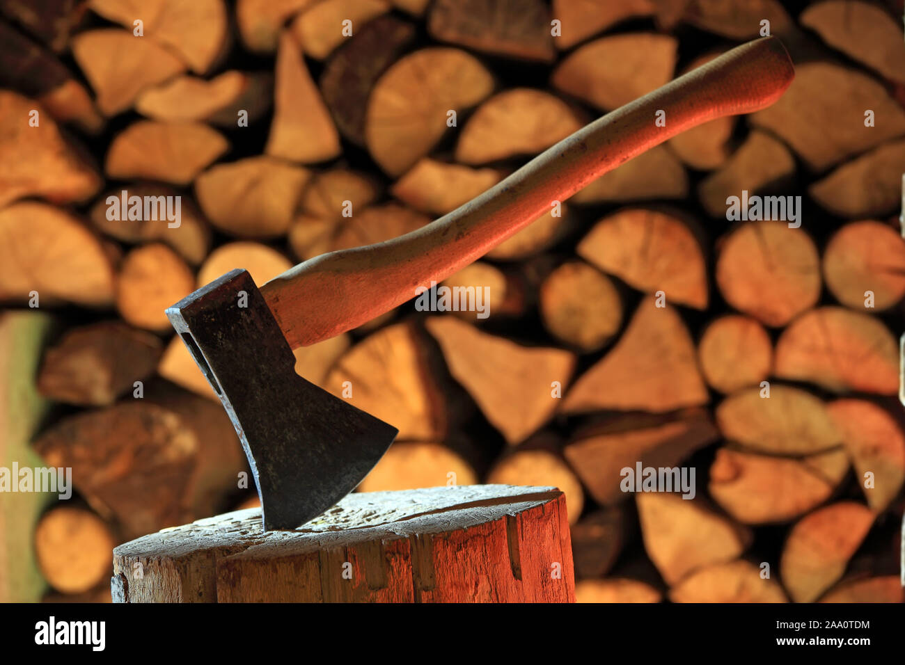 Symbolbild, Holz und lagern hacken, Axt im Wald, Banque D'Images