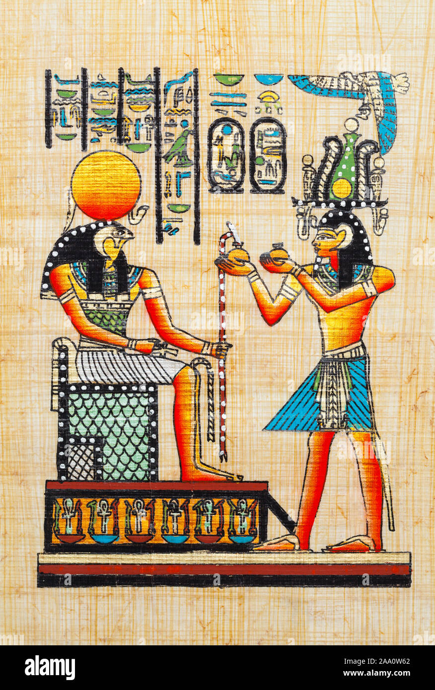 Papyrus égyptien avec peinture de Pharoah et Osiris. Banque D'Images
