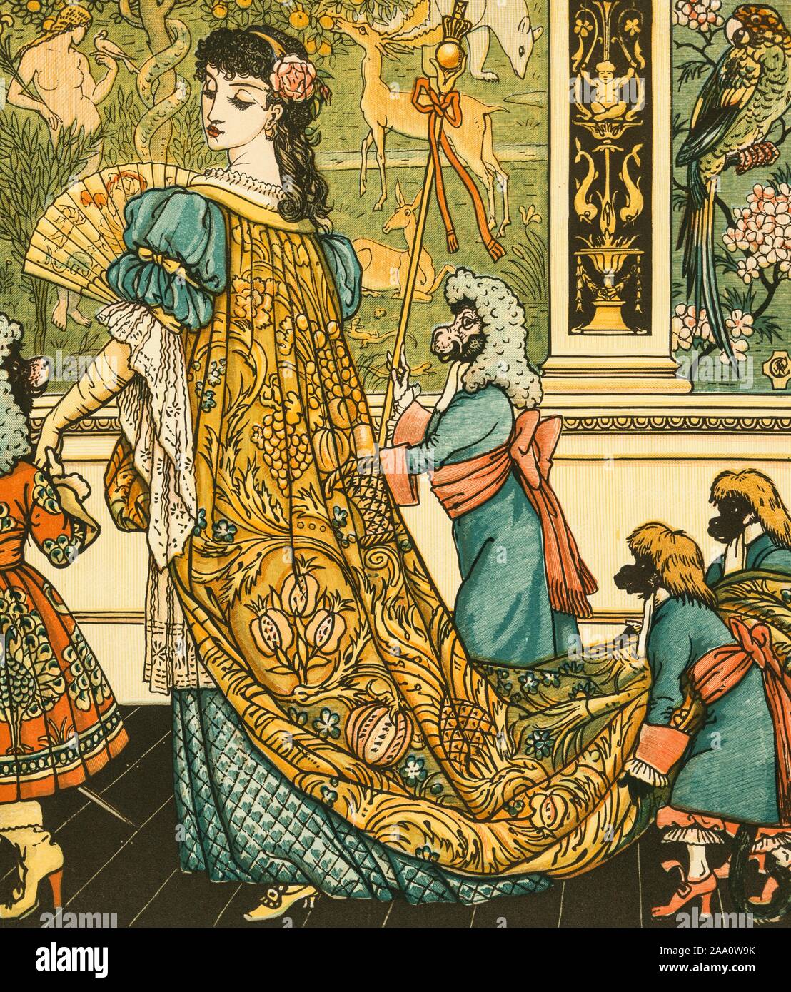 Illustration d'une scène du livre 'La Belle et la bête' avec beauté étant escorté par des singes et des singes habillés en pages, par l'auteur et l'artiste Walter Crane, publié par John Lane, 1896. À partir de la Bibliothèque publique de New York. () Banque D'Images