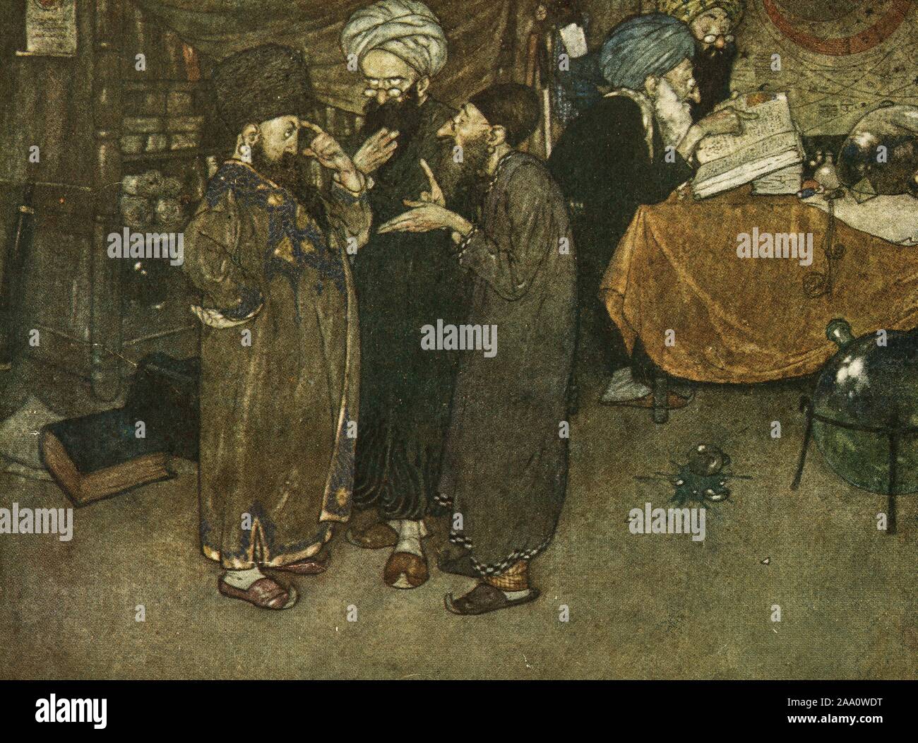 Illustration de de l'édition allemande de l'ouvrage 'Stories de l'Arabian Nights' intitulée 'Arabische : Nachte Erzahlungen aus Tausend und eine Nacht' avec trois médecins dans les vêtements de style arabe consulting les uns avec les autres, et deux autres à la recherche à travers les livres dans l'arrière-plan, de l'illustratrice Edmund Dulac, publié par Gustav Kiepenheuer, 1913. À partir de la Bibliothèque publique de New York. () Banque D'Images