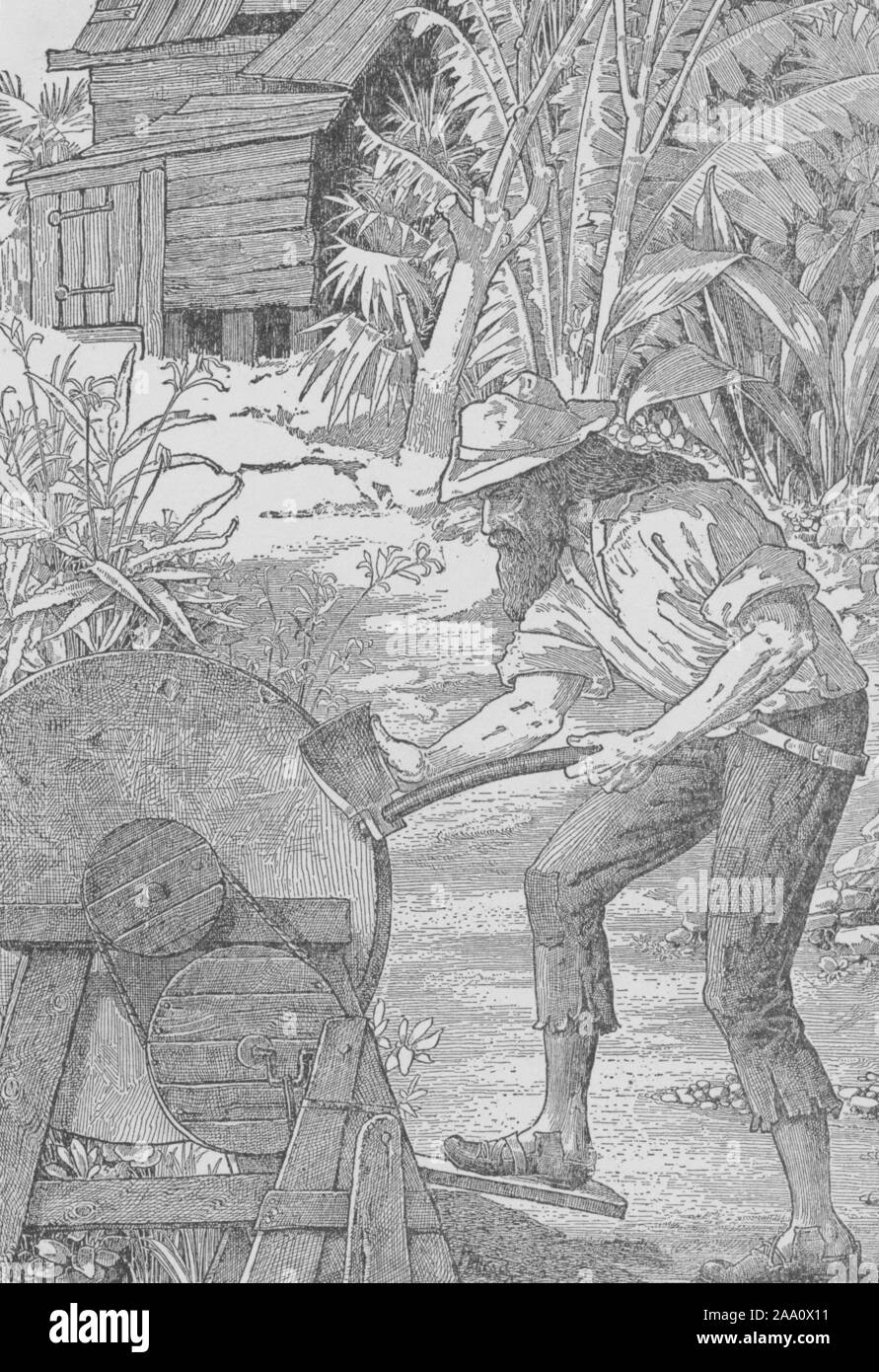 Illustration monochrome d'une scène du livre 'Robinson Crusoé' par l'auteur Daniel Defoe, avec 83 à l'aide d'une meule à aiguiser une hache en face de son hangar, illustré par Louis Rhead, publié par Harper Frères, 1900. À partir de la Bibliothèque publique de New York. () Banque D'Images