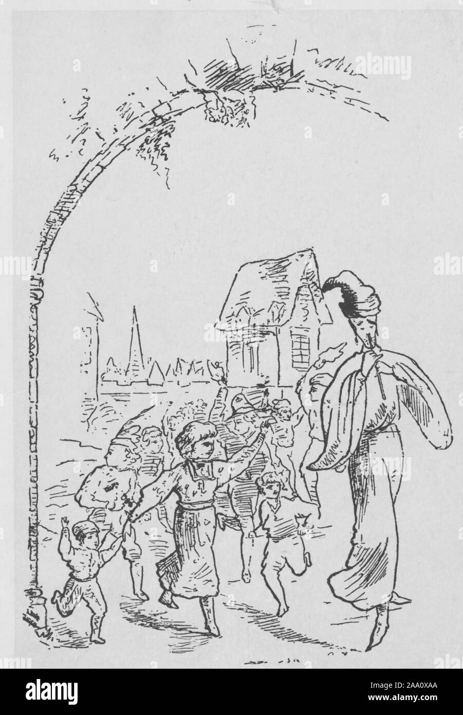 Dessin monochrome d'une scène de l'histoire "Le joueur de flûte de Hamelin" par le poète Robert Browning, avec les Violons jouant de sa flûte et menant les enfants hors de la ville, par l'artiste Aubrey Beardsley, 1888. À partir de la Bibliothèque publique de New York. () Banque D'Images