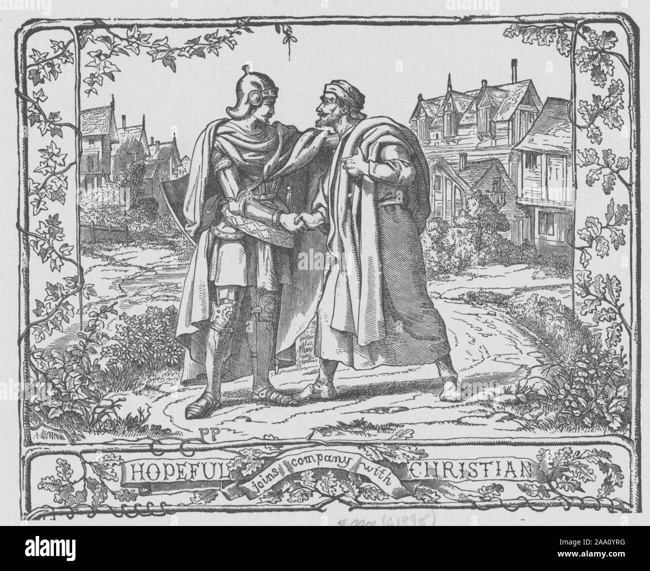 Gravure d'une scène du livre 'Pilgrim's Progress de Bunyan dans les mots d'une syllabe' par Samuel Phillips jour, avec Christian et porteuse d'une poignée de main, sur le point de commencer leur voyage ensemble, illustré par Paolo Priolo, publié par A.L, 1895. Burt Co. de la New York Public Library. () Banque D'Images