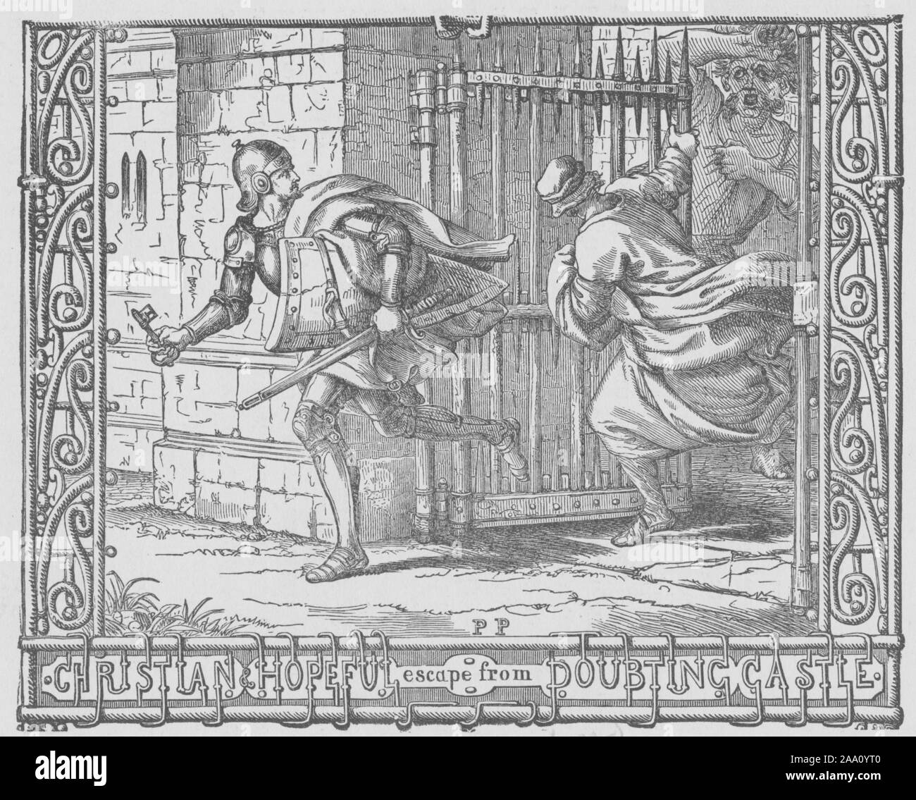 Gravure d'une scène du livre 'Pilgrim's Progress de Bunyan dans les mots d'une syllabe' par Samuel Phillips jour, avec Christian et espère échapper à douter de château, illustré par Paolo Priolo, publié par A.L, 1895. Burt Co. de la New York Public Library. () Banque D'Images