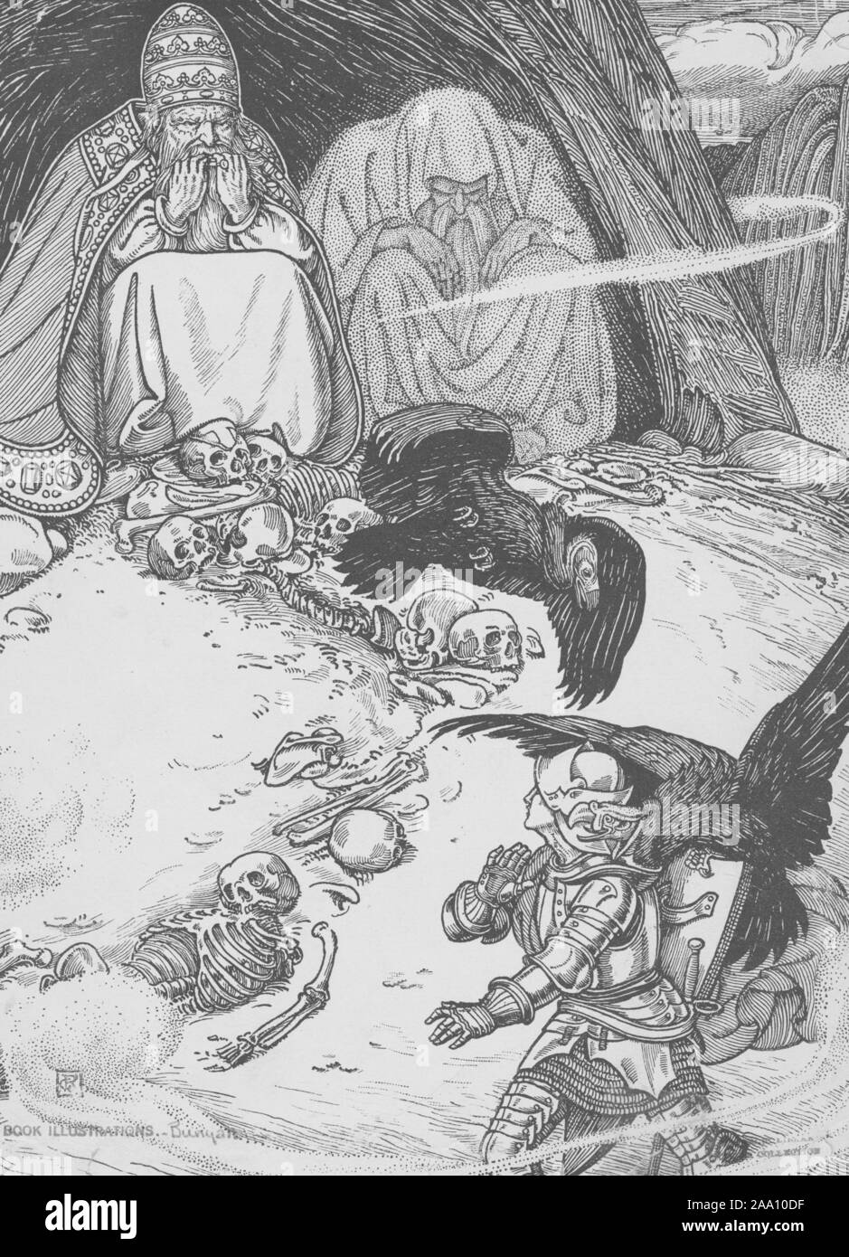 Gravure d'une scène du livre 'Pilgrim's Progress' de John Bunyan, avec Christian venir à travers une grotte avec deux géants, un Pape et un païen assis à l'intérieur, entouré par les squelettes et les vautours, illustré par George Rhead noté Woolliscroft, publiés par le Siècle Co, 1898. À partir de la Bibliothèque publique de New York. () Banque D'Images