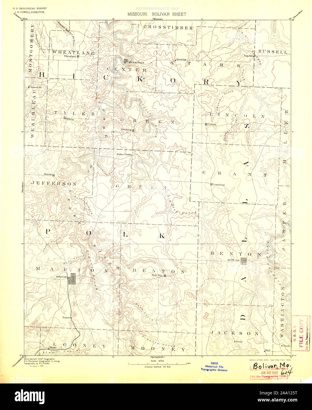 Carte TOPO USGS Missouri MO Bolivar 3254171892 Restauration 125000 Banque D'Images