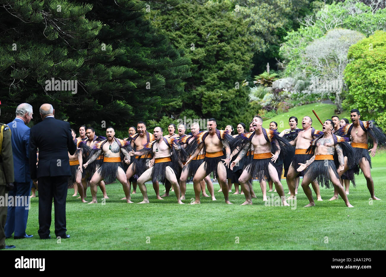 Le Prince de Galles (à gauche) montres un haka, comme lui et la duchesse de Cornouailles sont officiellement accueillis à la Nouvelle-Zélande à l'Hôtel du Gouvernement à Auckland, le troisième jour de la visite royale de Nouvelle-Zélande. Banque D'Images