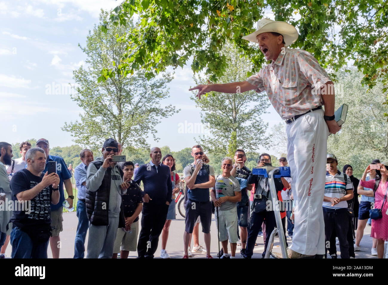 Cuisine américaine, évangéliste prêche religieux chrétiens au Speakers' Corner, Hyde Park, London, UK Banque D'Images