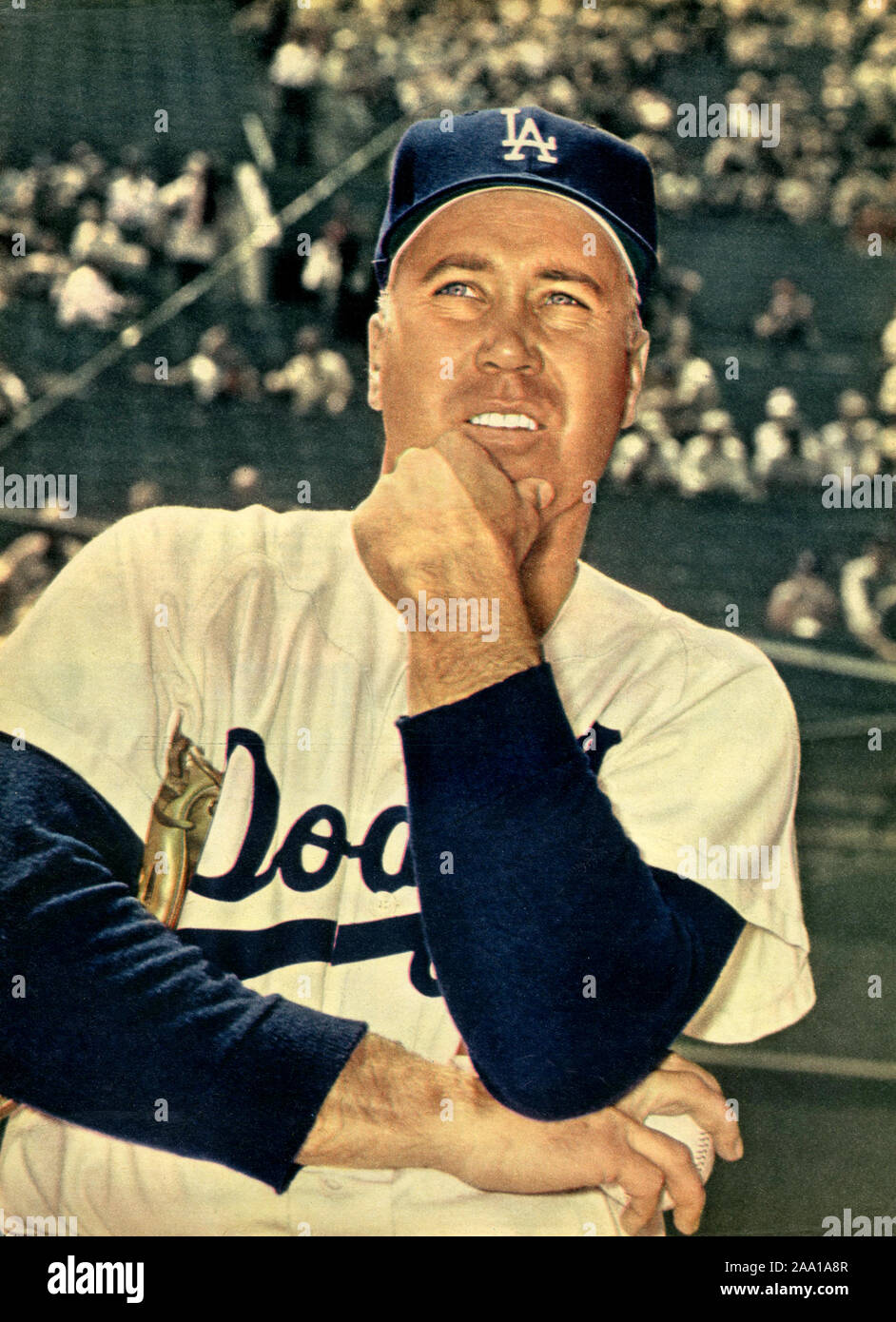 Portrait couleur de Los Angeles Dodger joueur étoile Duc Snider à partir d'une page dans un magazine sportif ère des années 60. Banque D'Images