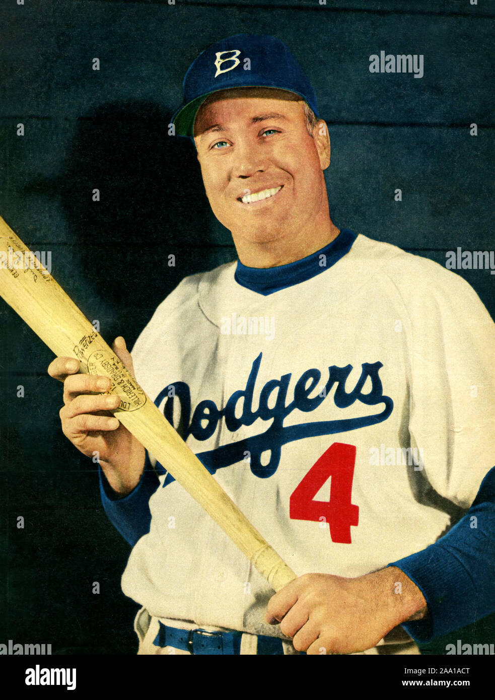 Portrait couleur de Brooklyn Dodger joueur étoile Duc Snider à partir d'une page dans un magazine sportif l'ère des années 1950. Banque D'Images