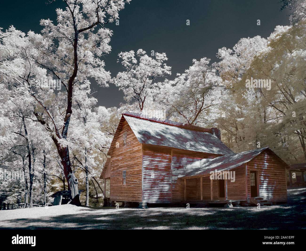 La photographie infrarouge en fausses couleurs rouge de Tipton maison à Cades Cove le Great Smoky Mountains National Park à New York Banque D'Images